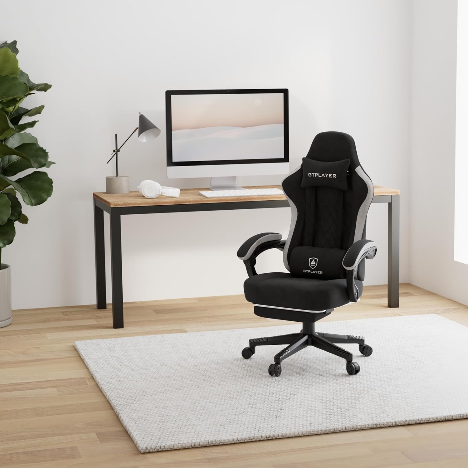 GTPLAYER Chaise Gaming Bureau Ergonomique Fauteuil Gaming Leathaire, accoudoir inclinable, avec Repose-Pieds Noir