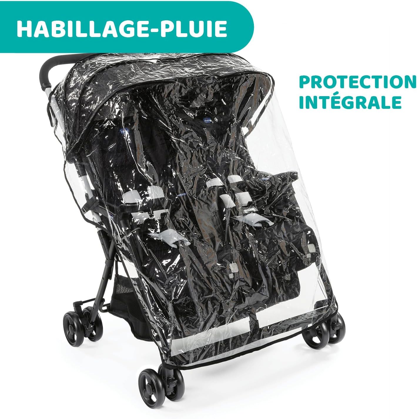 Chicco OHlalà Poussette Canne Double, Légère Inclinable et Pliable, Poussette pour Jumeaux de la Naissance à 15 kg, Fermeture Compacte, Inclus une Housse de Pluie, Capote Extensible - black night