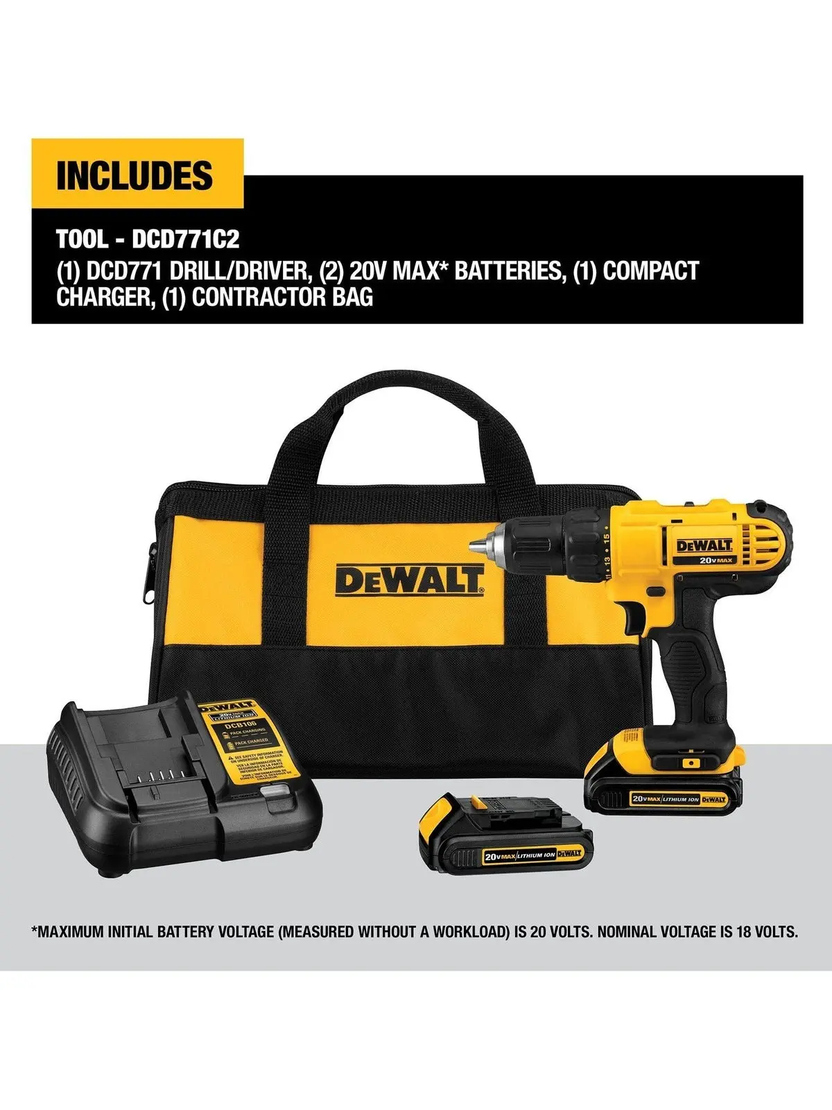 DEWALT 20V Max Cordless Drill/Driver Kit, Compact, 1/2-Inch (DCD771C2), Yellow