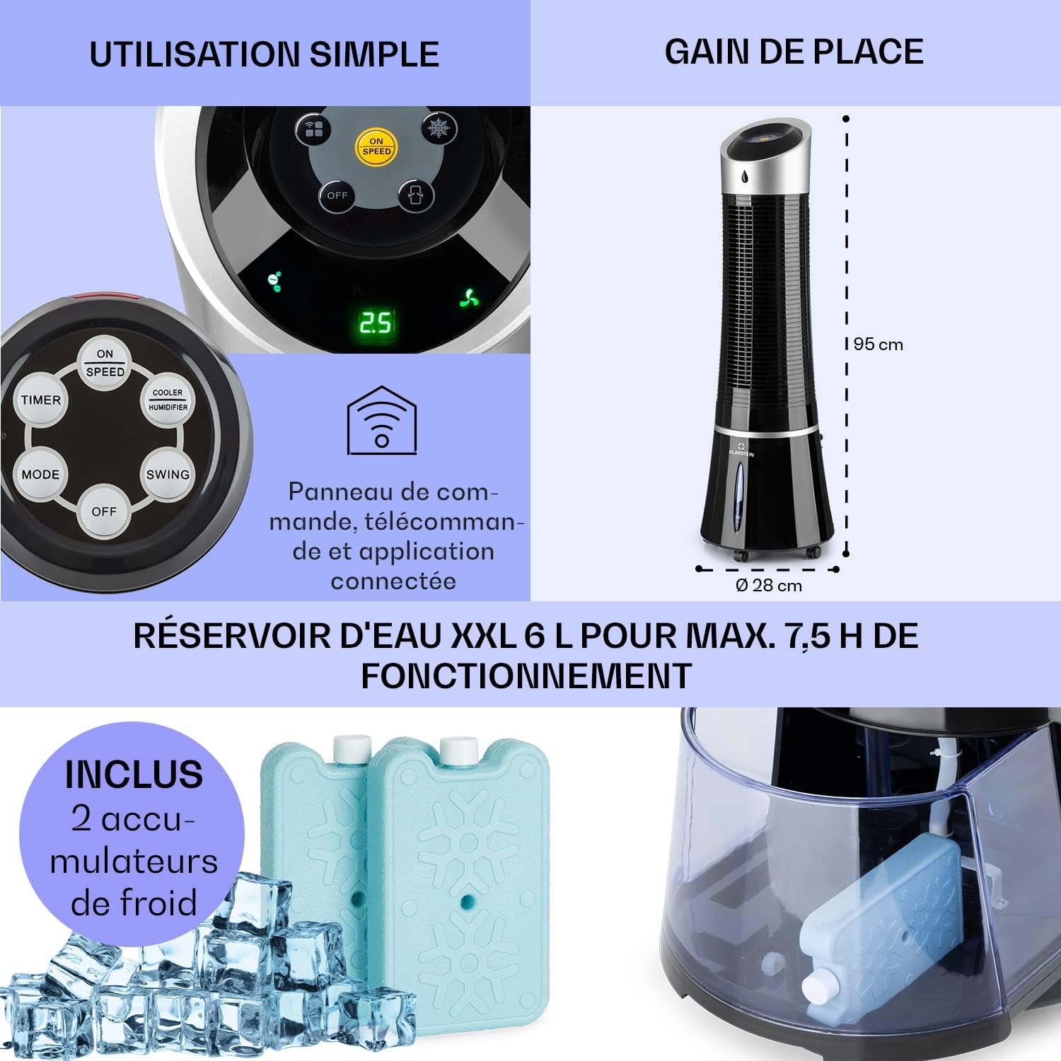 Klarstein Rafraichisseur d'Air Mobile 5 en 1, par Evaporation avec Humidificateur, Ventilateur, Ioniseur, Climatiseur Mobile Sans Évacuation, Mode Nuit, 45W, Débit d'Air de 180m³/h