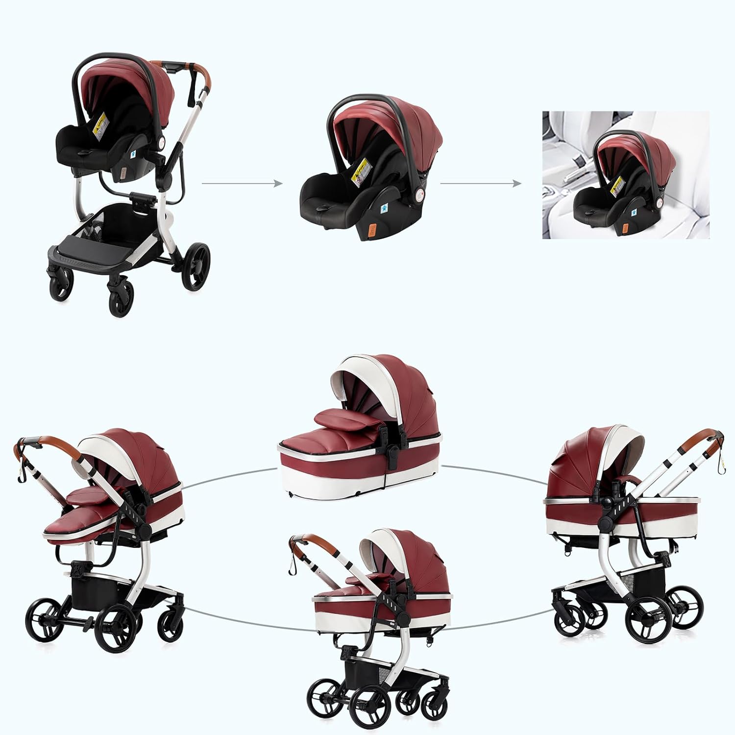 NADDLILY Poussette 3 en 1, Poussette Bebe avec Conception Portable Pliable en Un Clic, Pousette 3 en 1 avec Poussée Réversible Bidirectionnelle, Poussette Canne avec Accessoires (V9 Black)
