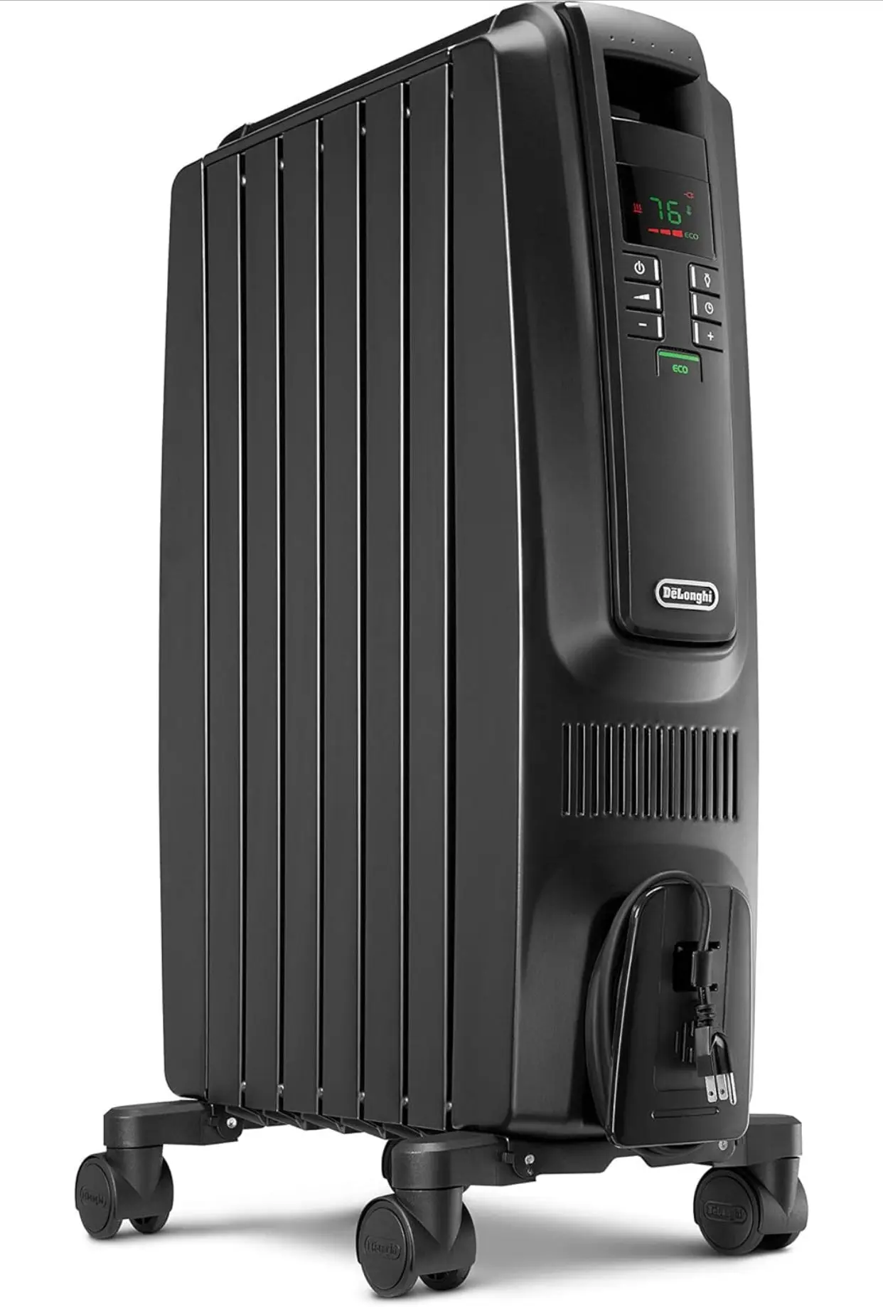 De'Longhi Oil-Filled Radiator Space Heater, Quiet 1500W, Adjustable Thermostat, 3 Heat Settings, Timer, Energy Saving, Safety Features, White, Dragon TRD40615EBKCA, Black