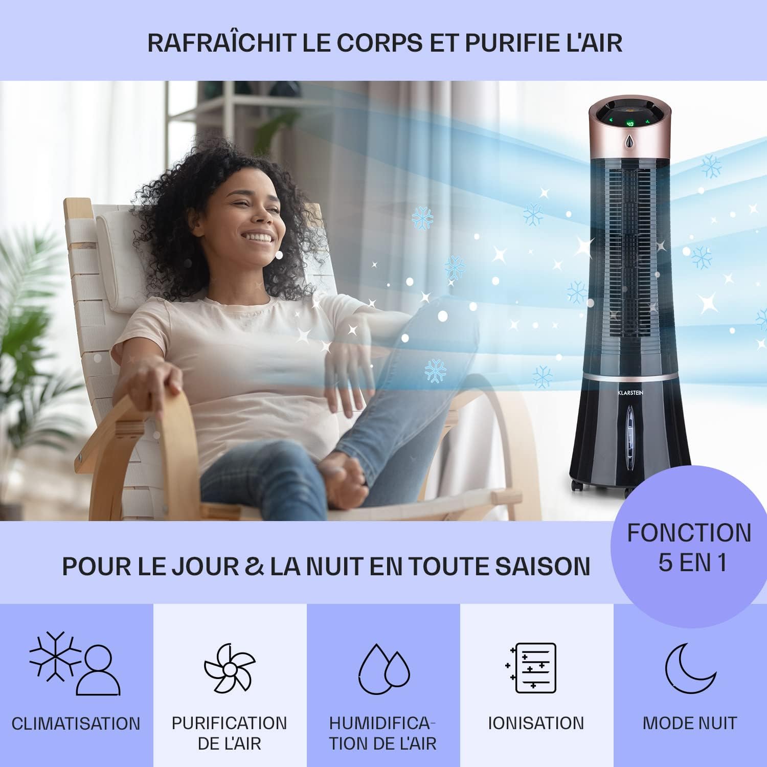Klarstein Rafraichisseur d'Air Mobile 5 en 1, par Evaporation avec Humidificateur, Ventilateur, Ioniseur, Climatiseur Mobile Sans Évacuation, Mode Nuit, 45W, Débit d'Air de 180m³/h