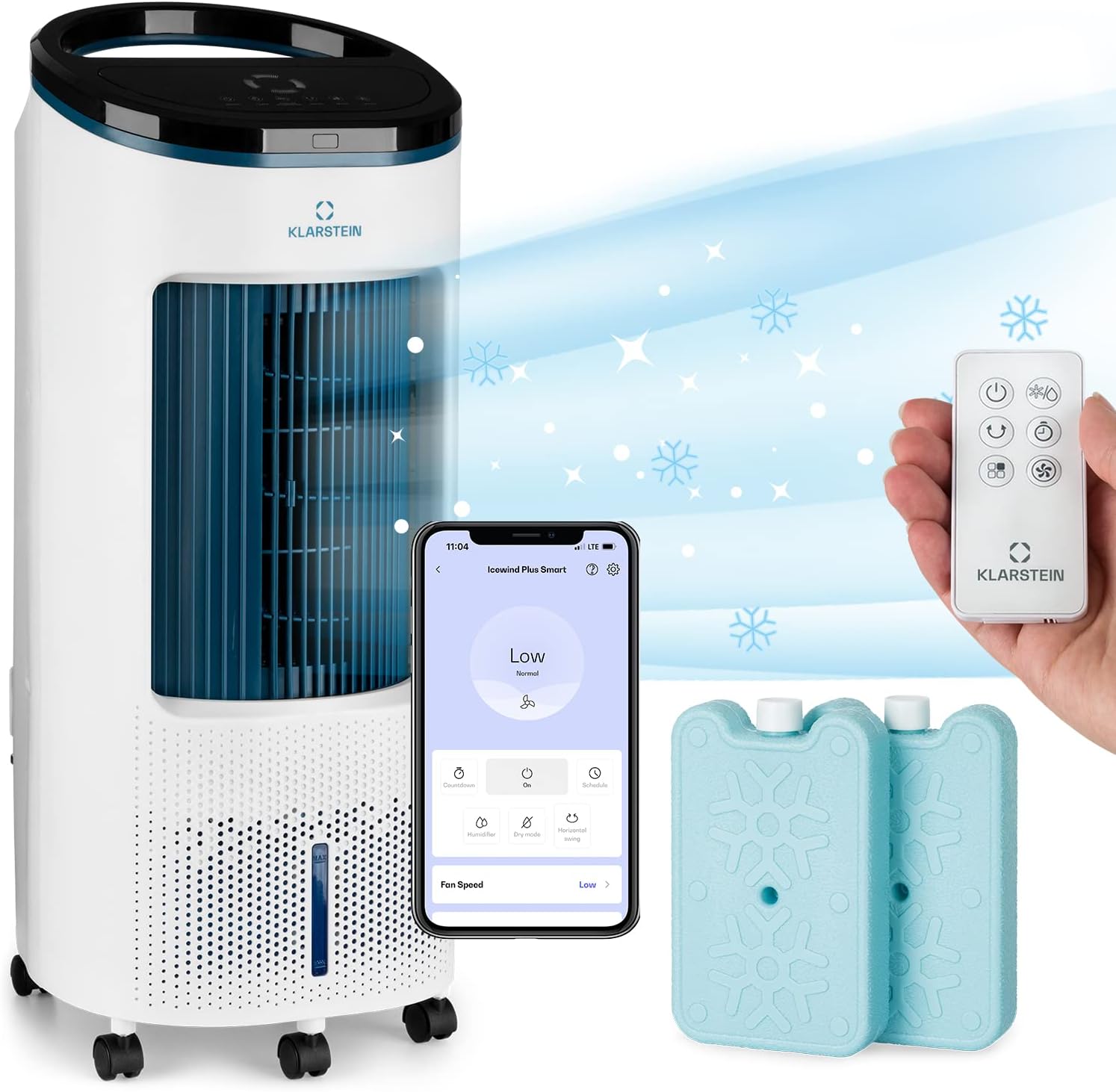 Klarstein Rafraichisseur d'Air 4 en 1, Climatiseur Portable Smart APP Mobile, Humidificateur, Ventilateur, Sans Évacuation 65W, Pack Glacons, Mode Nuit, Puissant Débit d'Air 330m³/h