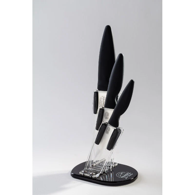 Bloc en plexi transparent + 3 couteaux en céramique Jean Dubost
