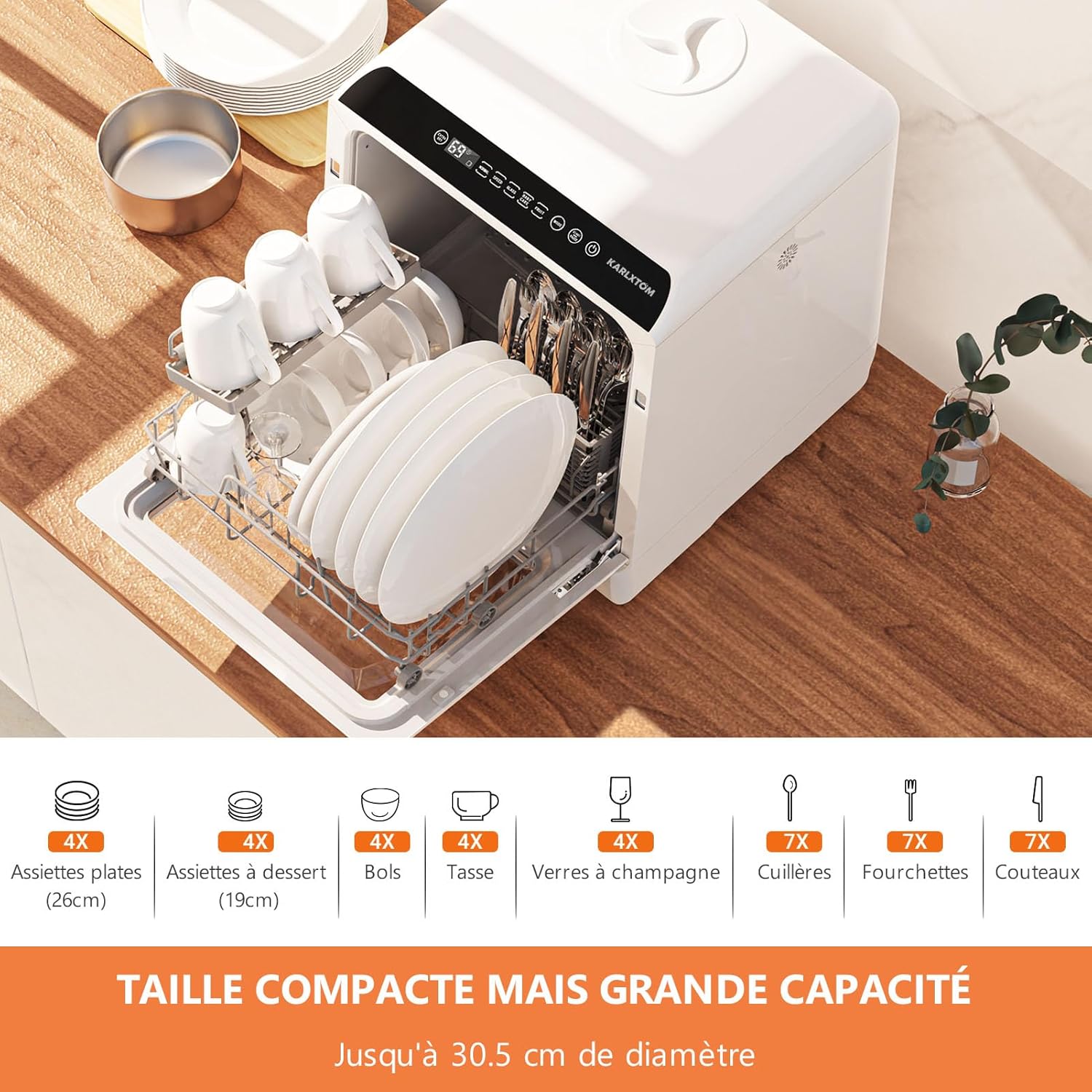 Karlxtom Lave-vaisselle de table, Mini Lave-vaisselle avec Comman destactiles à LED, 45CM, 6 Programmes, Lavage des fruits, Soins Pour Bébés
