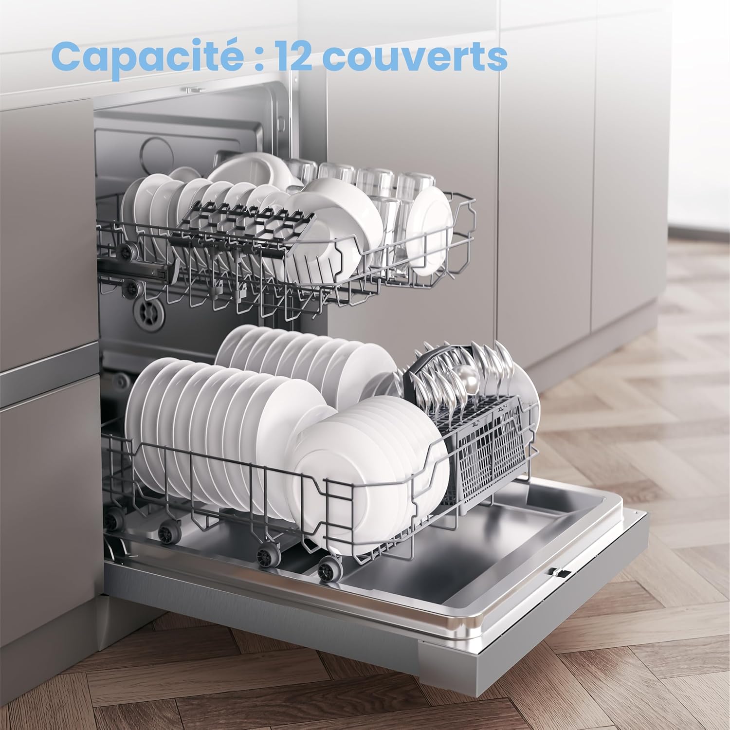 COMFEE' CDWPF1201PS Lave-vaisselle Pose Libre, 60 cm, 12 couverts, départ différé, fonction demi-charge, paniers flexibles - Acier Inoxydable, 49 dB, Commande Bouton