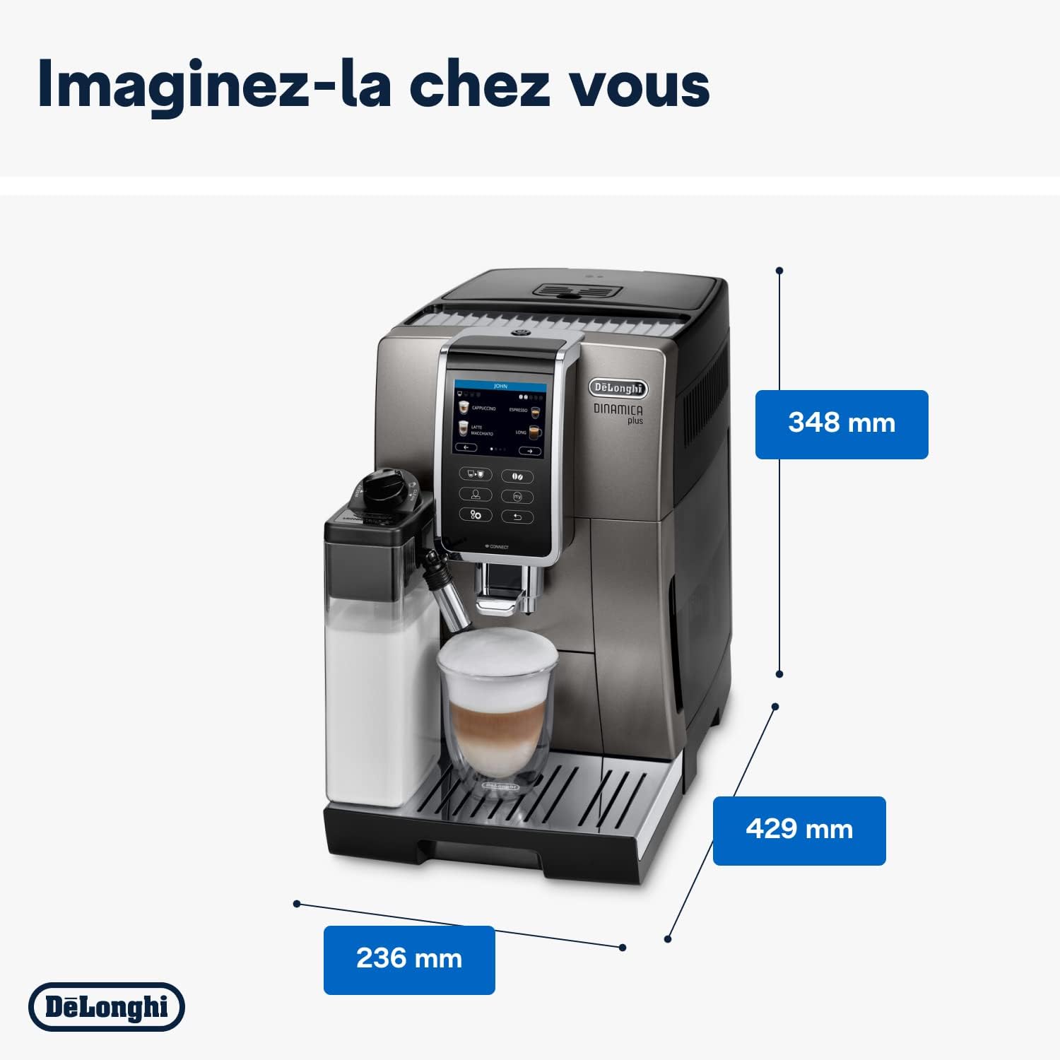 De'Longhi Dinamica Plus ECAM 370.70.B, Machine Expresso avec Broyeur, Système LatteCrema, Technologie Smart One Touch, Ecran Tactile Complet, Fonction My, 1.8l, Noir