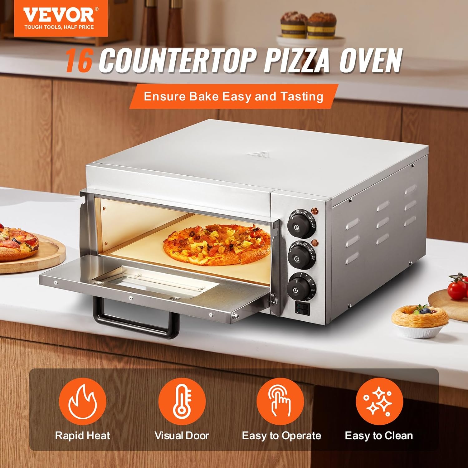 VEVOR Four à Pizza Commercial Capacité 16 po, Four Électrique de Comptoir Double Couche, en Acier Inoxydable, avec Pierre et Poignée, Machine à Pizza d'Intérieur Polyvalente pour Restaurant Maison