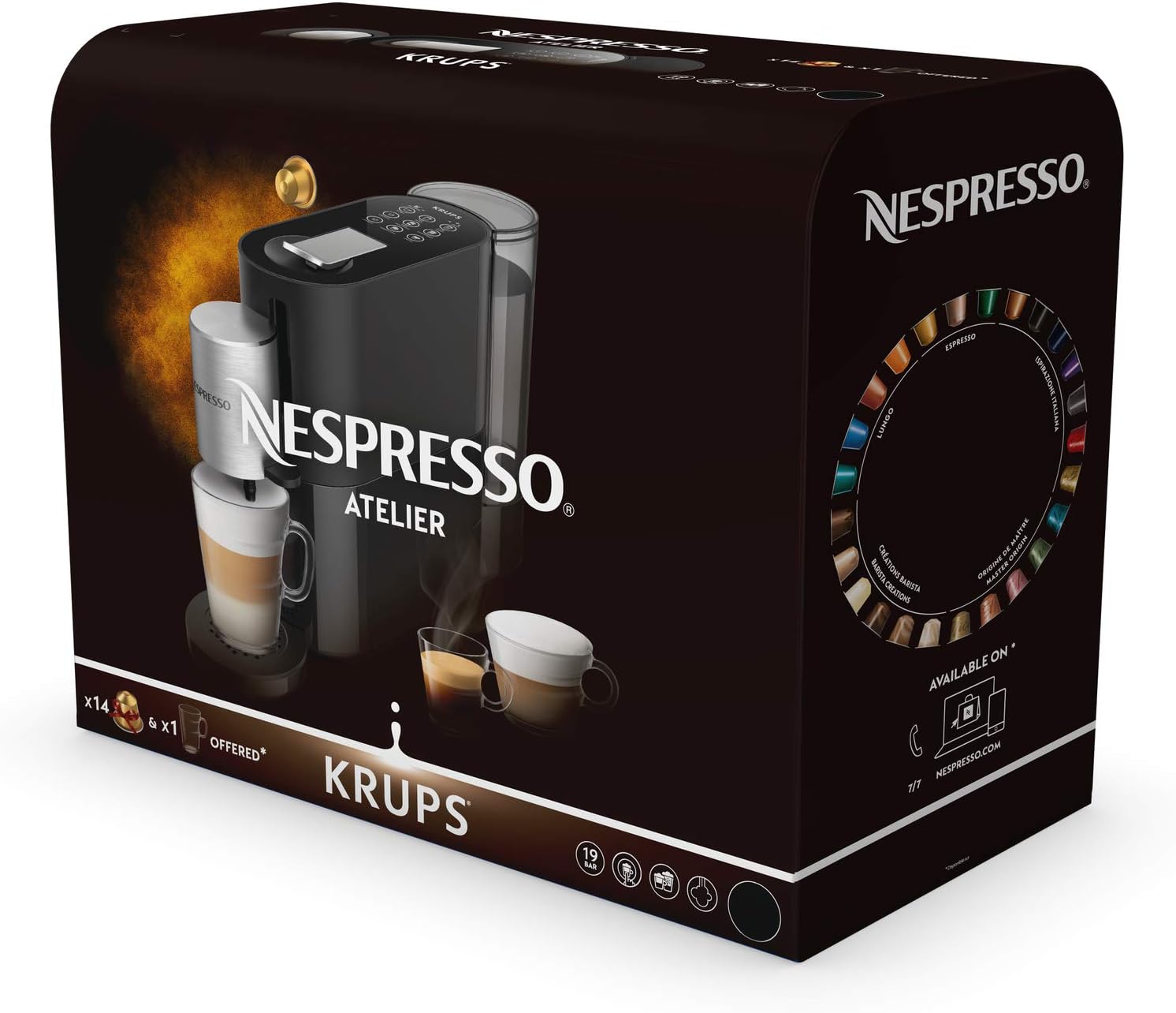 Krups Machine à Café Nespresso Atelier XN8908 - Système de Mousse de Lait - Réservoir d'eau de 1 l - Avec Tasses en Verre Nespresso + Capsules - Pression 19 Bar - Noir/Argenté