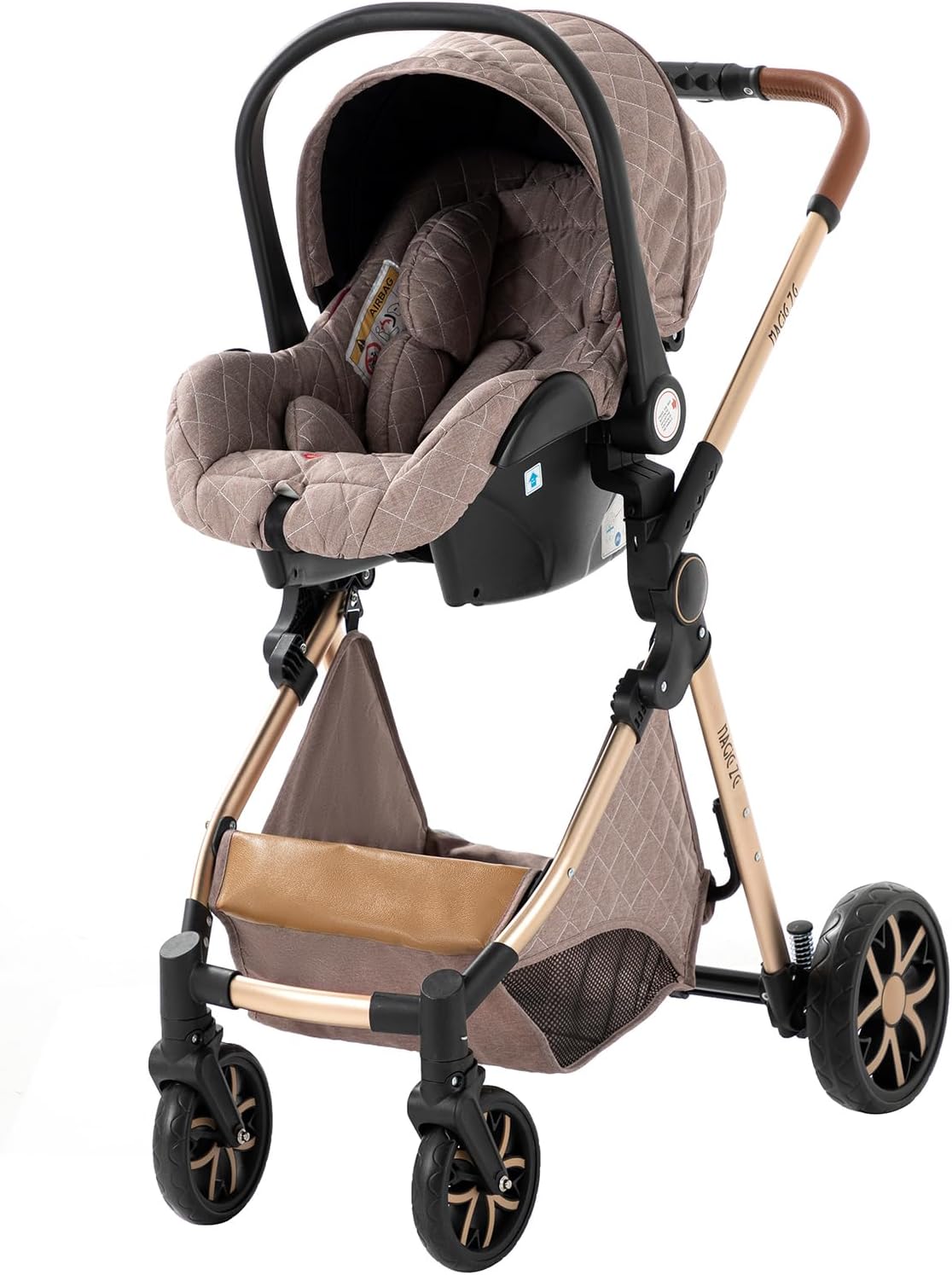 Magic ZC Poussette 3 en 1, Poussette Bebe avec Conception Portable Pliable en Un Clic, Pousette 3 en 1 avec Poussée Réversible Bidirectionnelle, Poussette Trio avec Accessoires (black gold 588)