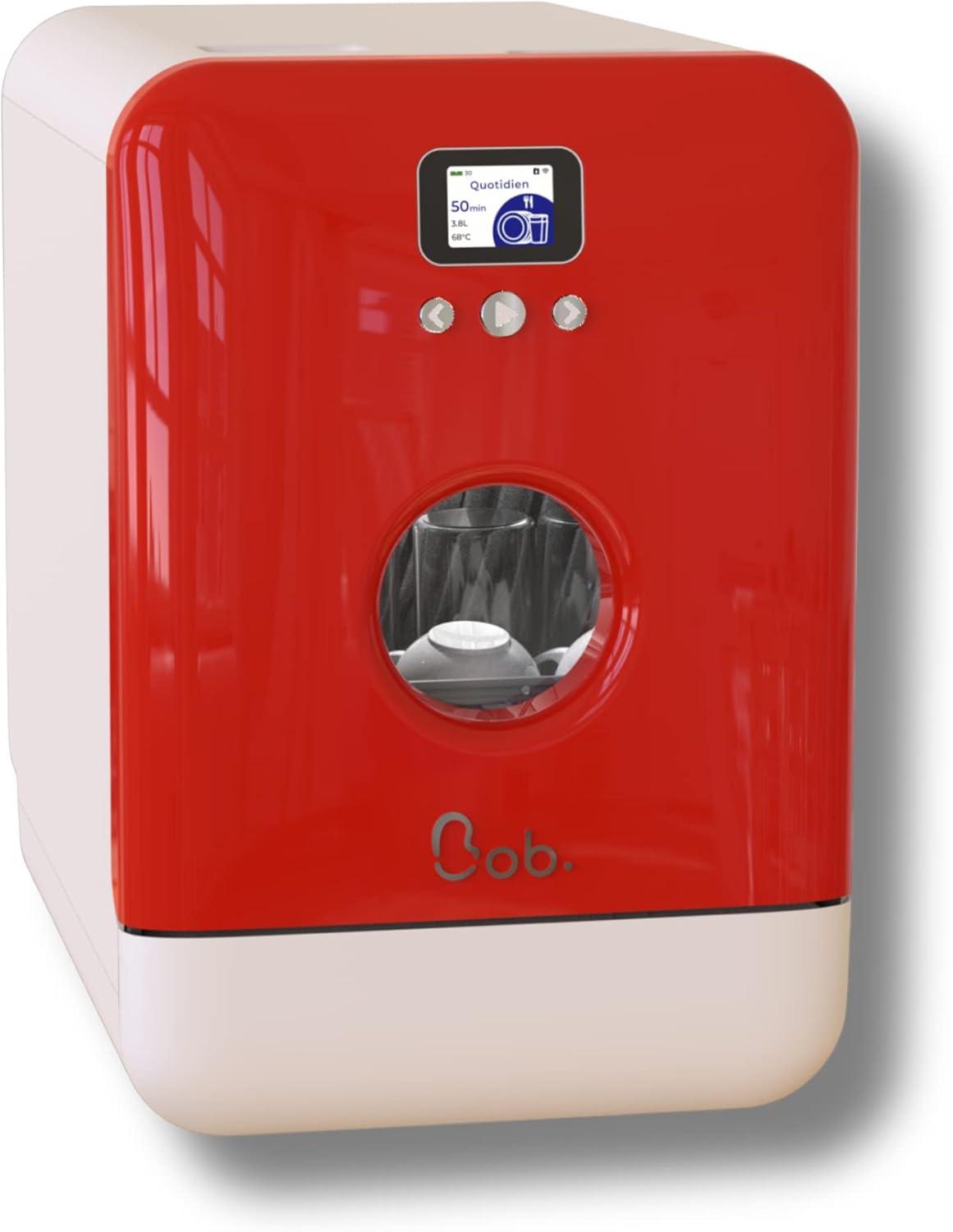 DAAN TECH Bob - Lave-vaisselle Compact 3 Couverts Encastrable - Pose Libre, Avec Réservoir, Portable - Séchage Naturel - Assiette 29 cm - Label Origine France Garantie, Eco-Conçu (Blanc-Rouge)