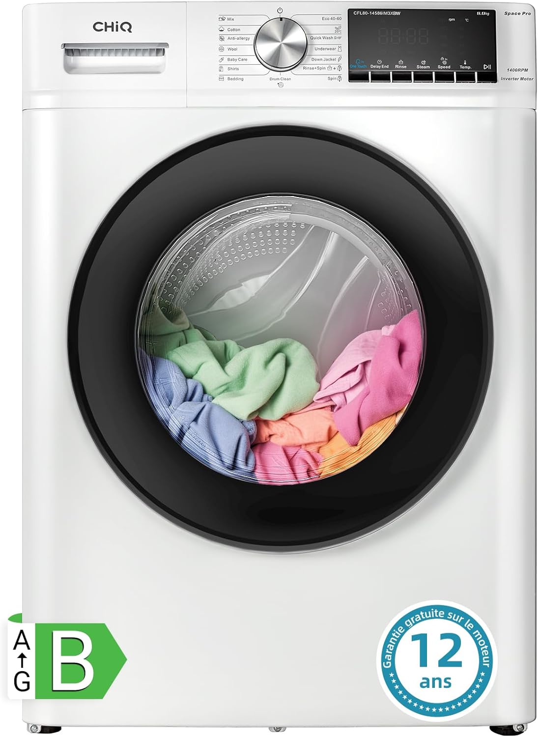 CHiQ Lave-linge à chargement frontal 10kg CFL100-14586IM3XWA,Space Pro,Moteur Inverter stable,1400 tr/min, Programme intelligent à IA,Fonction vapeur,Lavage rapide 15 minutes,15 cycles lavage,Blanc