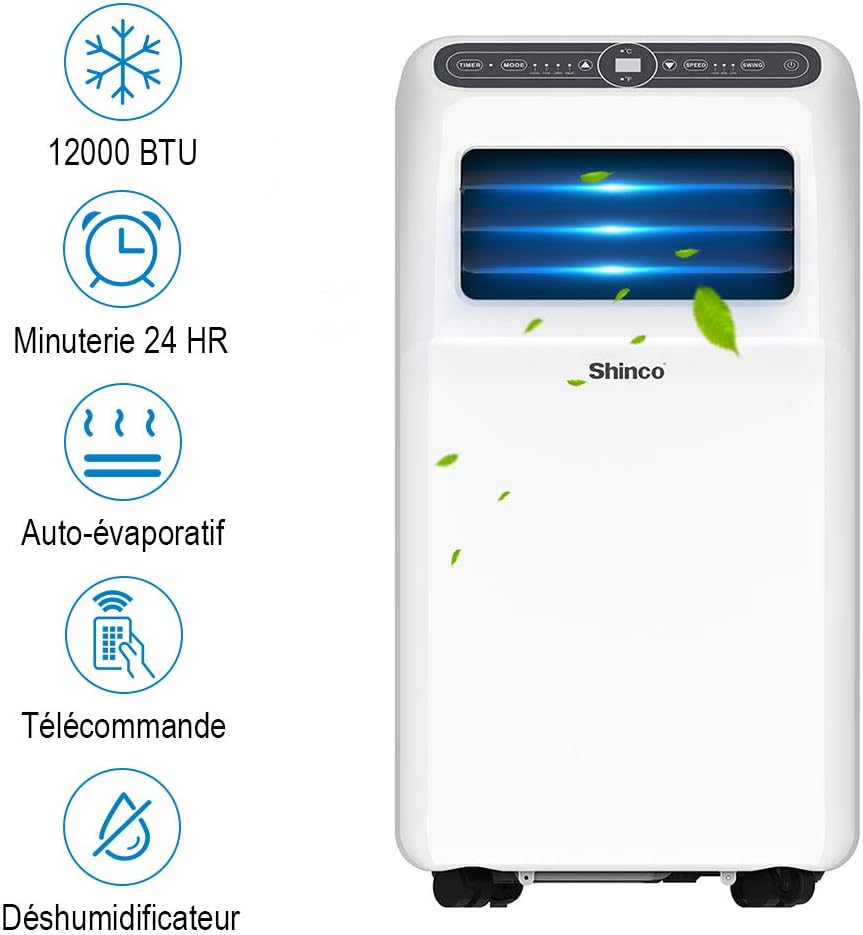 SHINCO Climatiseur mobile, 7000 BTU 2,05kW, Refroidir&Ventilation&Déshumidification, taille de la pièce jusqu'à 54m³(18㎡), Climatiseur mobile avec tuyau d'évacuation et tuyau de vidange, mode sommeil