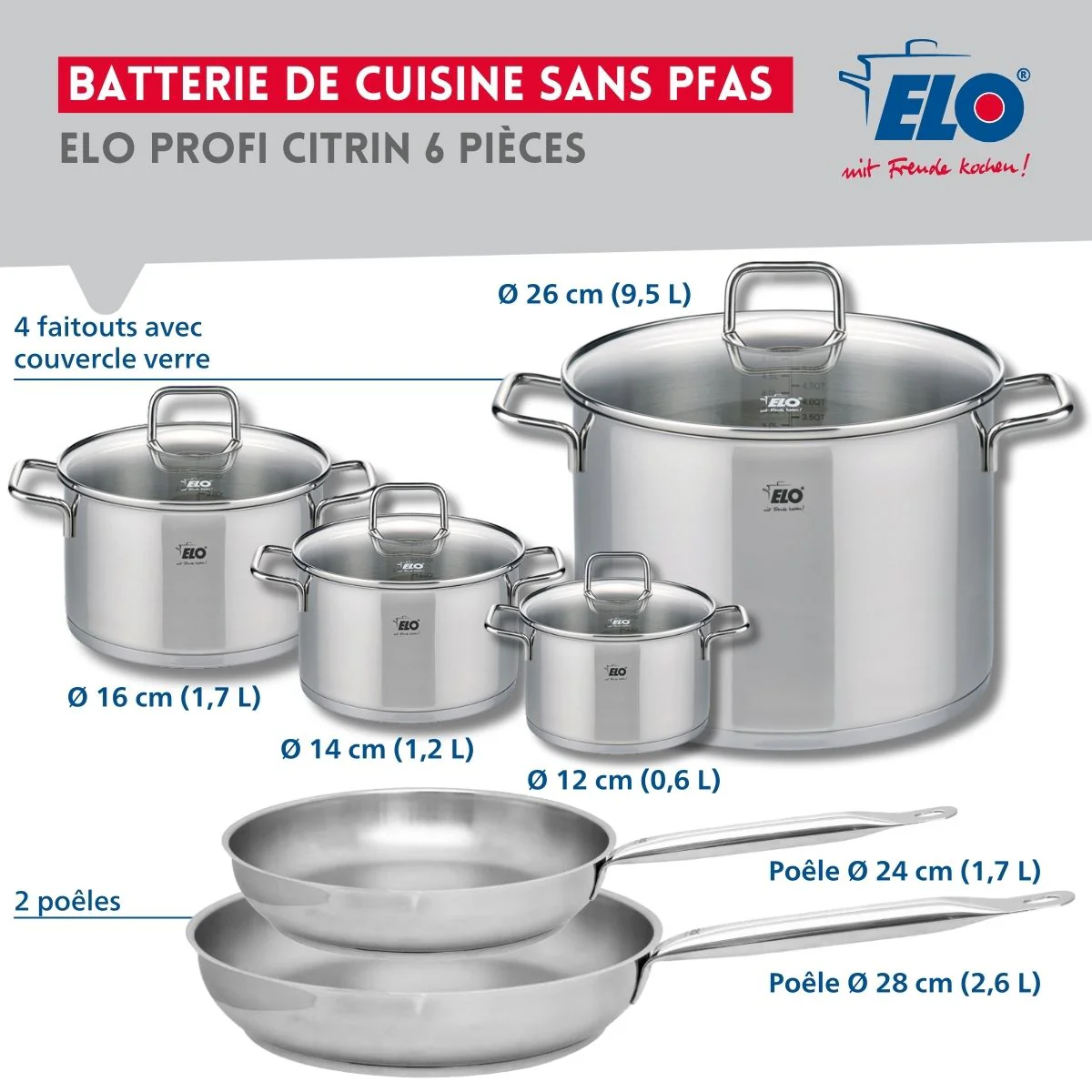 Ensemble de 2 Poêles de cuisson 24 et 28 cm et 4 faitouts 12, 14, 16 et 26 cm Elo Profi Citrin Elo