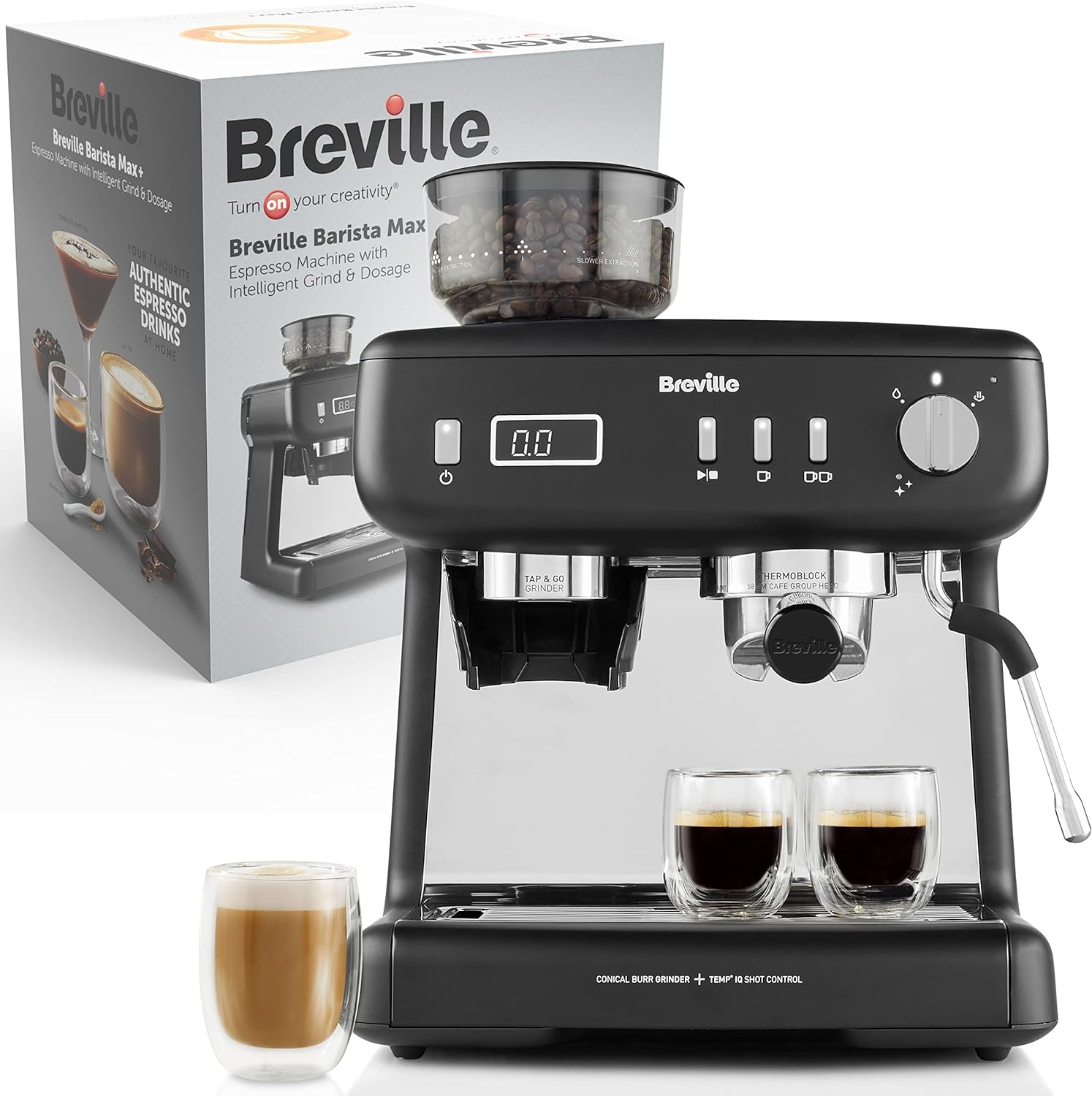 Breville Barista Max Machine à café/machine à expresso, semi-automatique avec moulin broyeur à grain intégré, buse à vapeur pour faire mousser le lait & pompe italienne de 15 bars [VCF126X]