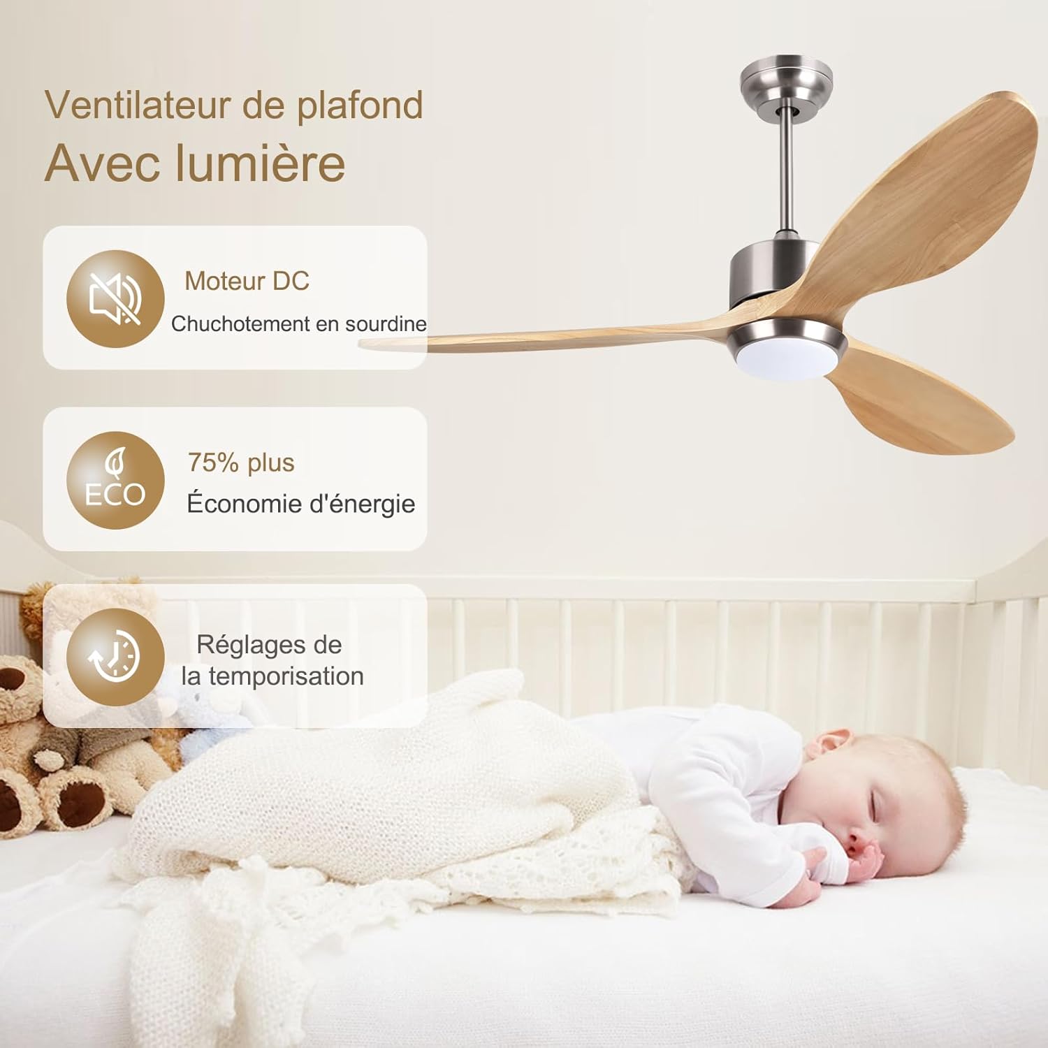 Ovlaim 132cm intérieur extérieur 3 pales hélice Smart ventilateur de plafond, Ventilateur de plafond en bois massif à moteur DC silencieux avect