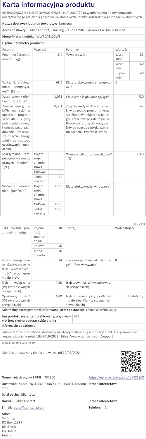 Machine à laver Samsung WW60A3120WE/ET Slim, autonome, 6 kg, 1200 tr/min, vapeur, chargement frontal, 85 x 59,5 x 40 cm, blanc
