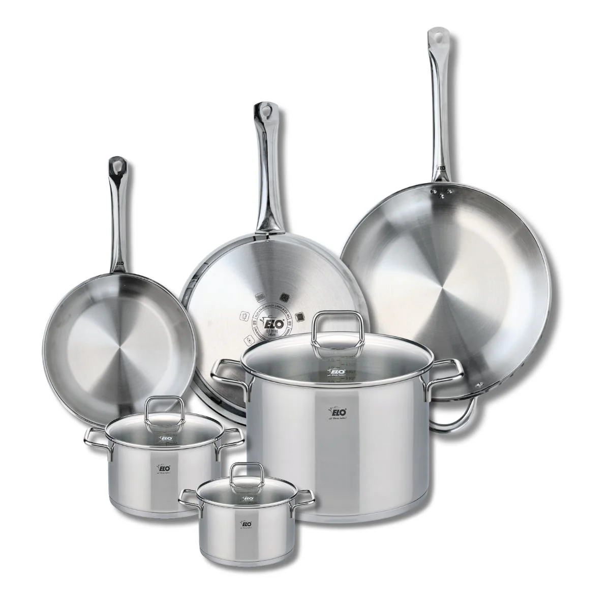 Ensemble de 3 Poêles de cuisson 24, 28 et 32 cm et 3 faitouts 14, 16 et 26 cm Elo Profi Citrin Elo