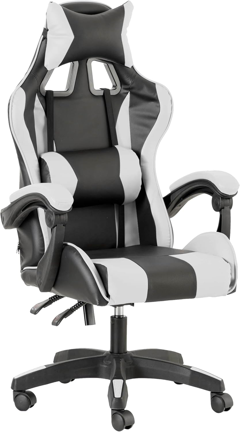 Baroni Home Chaise de Gaming, Chase de Jeux Ergonomique Chaise de Bureau avec Confortable Dossier réglable, Appui-tête et Soutien Lombaire, Blanc