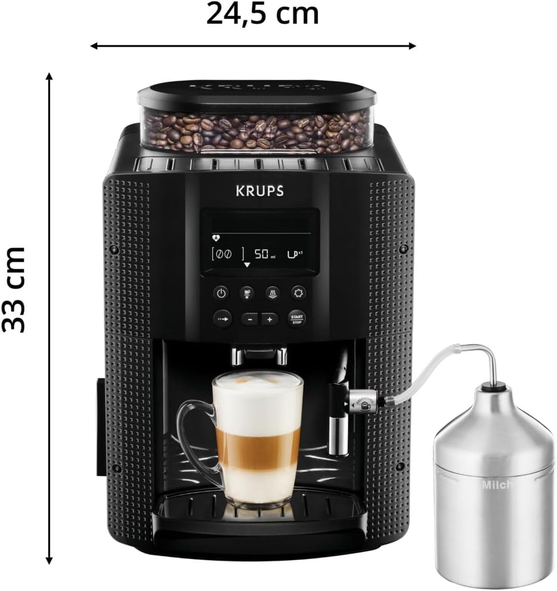 Krups Machine à café grain, 2 expressos simultanés, Ecran LCD, Cafetière espresso compacte, Nettoyage automatique, Buse vapeur pour Cappuccino, Essential noire YY8135FD, Noir