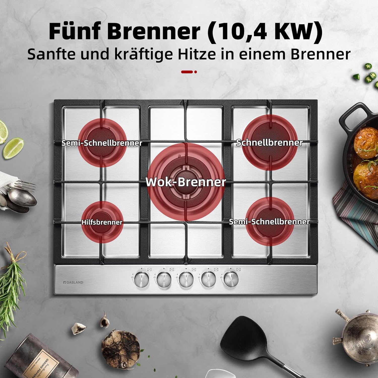 GASLAND GH2805BG1FC Table de cuisson à gaz 5 feux, Cuisinière à gaz avec brûleur wok, Table de cuisson à gaz encastrable, 76cm noir Cuisinière à gaz en verre, Cuisinière à gaz 10,4KW, GPL/NG