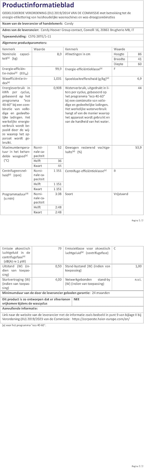 Candy Smart CSTG 28TE/1-11 Machine à laver à charge par le haut, 8 kg, 1200 tours, 17 programmes, connectivité NFC, 41 x 60 x 86 cm, classe F, blanc