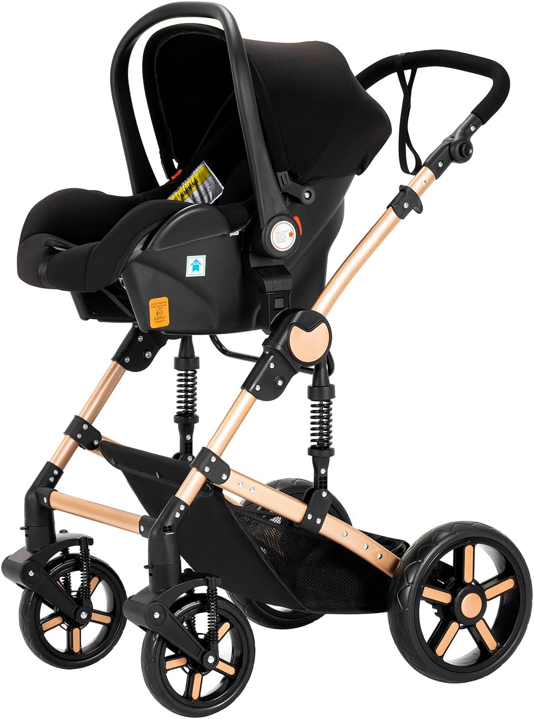 Magic ZC Poussette 3 en 1, Poussette Bebe avec Conception Portable Pliable en Un Clic, Pousette 3 en 1 avec Poussée Réversible Bidirectionnelle, Poussette Trio avec Accessoires (black gold 588)