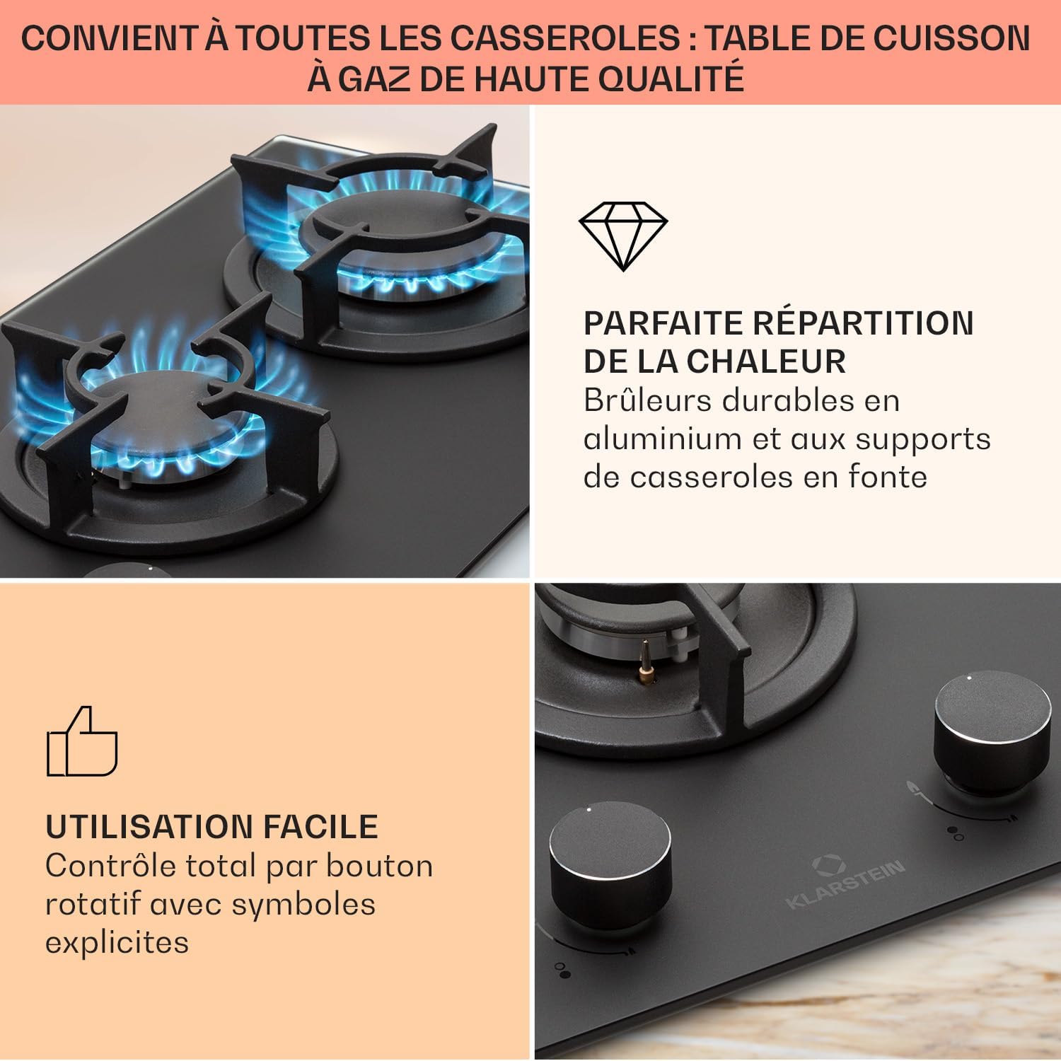 Klarstein Table de Cuisson à Gaz, Plaque de Cuisson Gaz à 4 Brûleurs, Table de Cuisson Electrique à 4 Feux de 8000W, Cuisiniere Gaz, Gaziniere Gaz avec Brûleurs en Acier Inoxydable, Cuisinières GPL