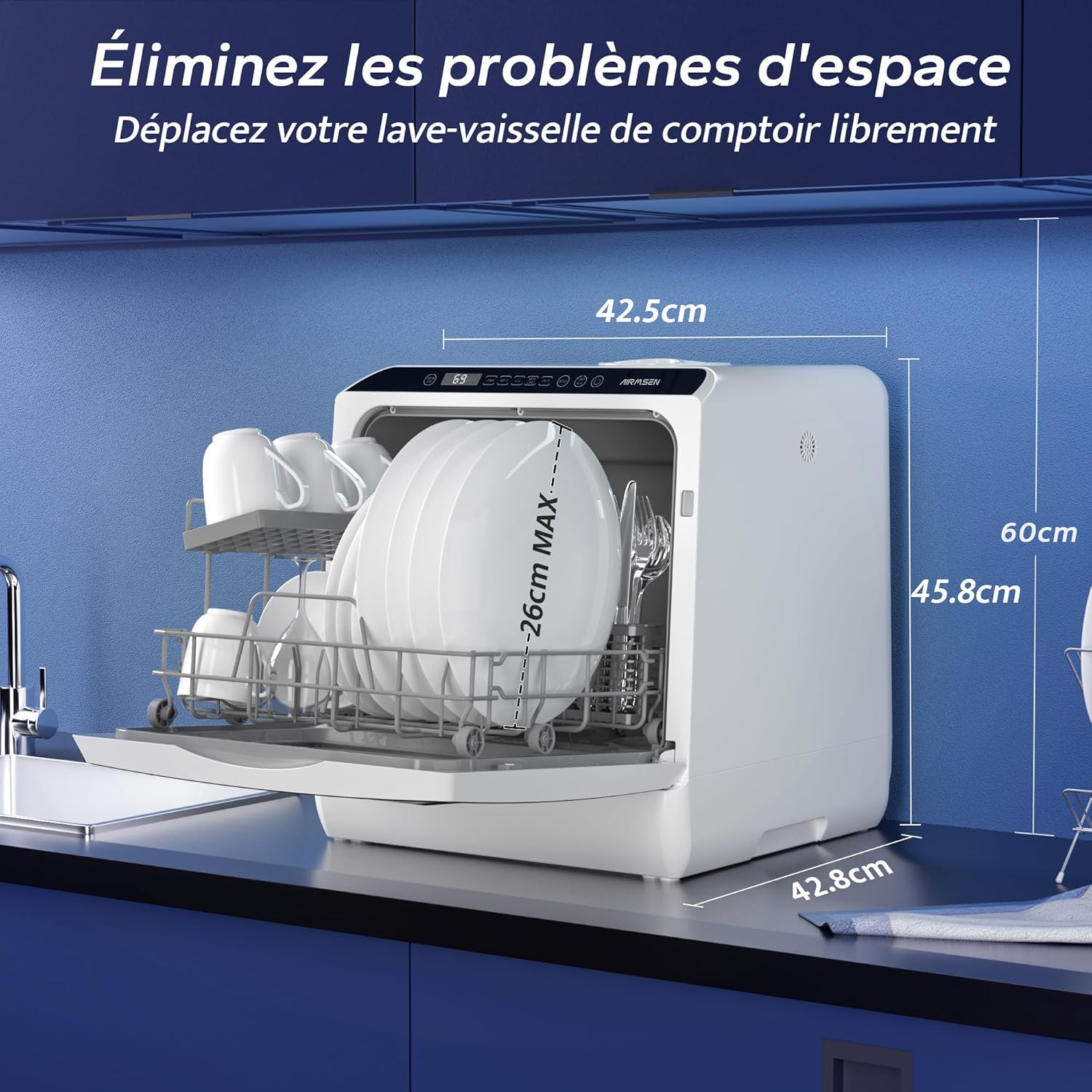 AIRMSEN Mini Lave-Vaisselle de Comptoir, 5+1 Programmes, Réservoir d'Eau de 5L, Contrôle Tactile et Écran LED, Adapté pour les Cuisines Familiales, Appartements et Dortoirs, Blanc et noir