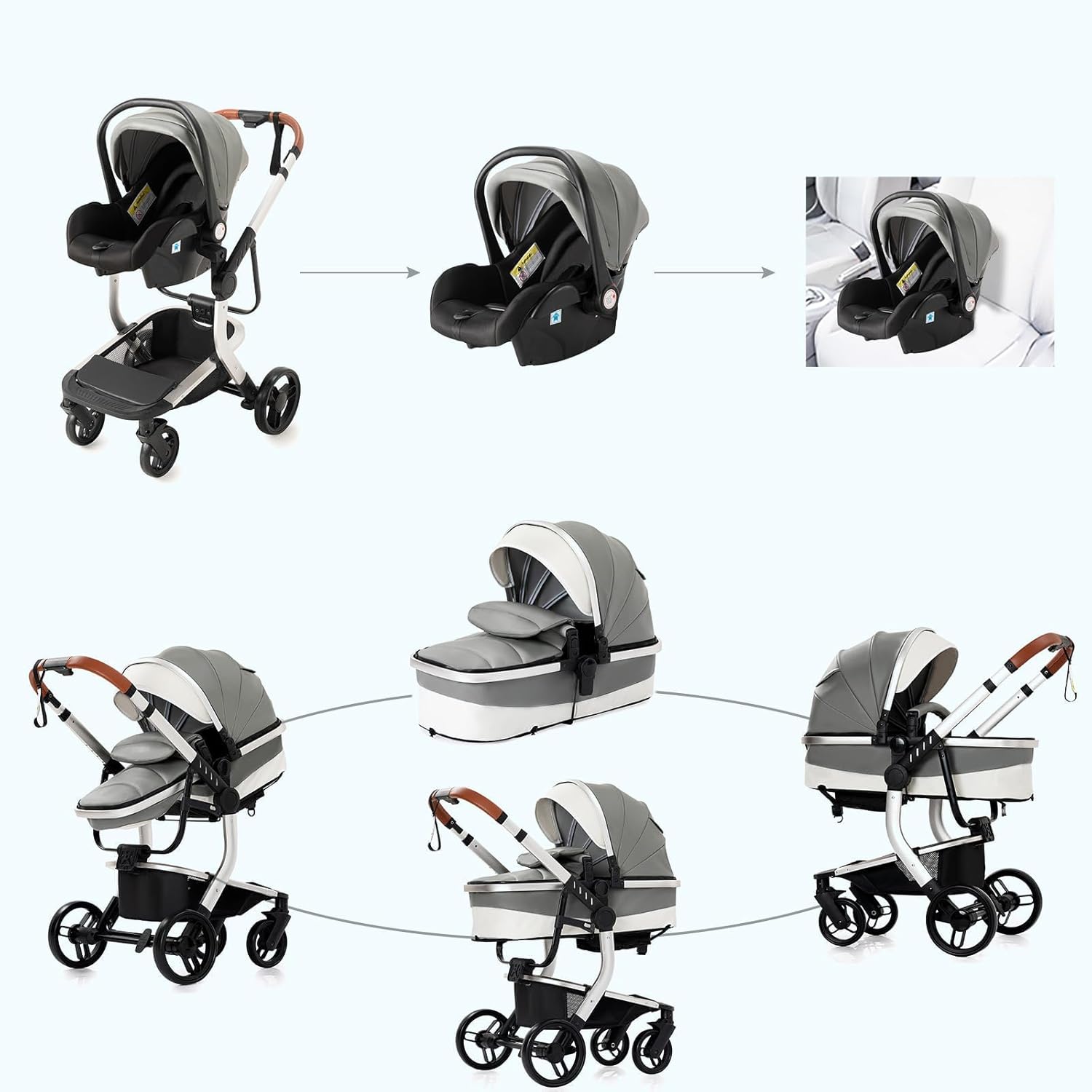 NADDLILY Poussette 3 en 1, Poussette Bebe avec Conception Portable Pliable en Un Clic, Pousette 3 en 1 avec Poussée Réversible Bidirectionnelle, Poussette Canne avec Accessoires (V9 Black)
