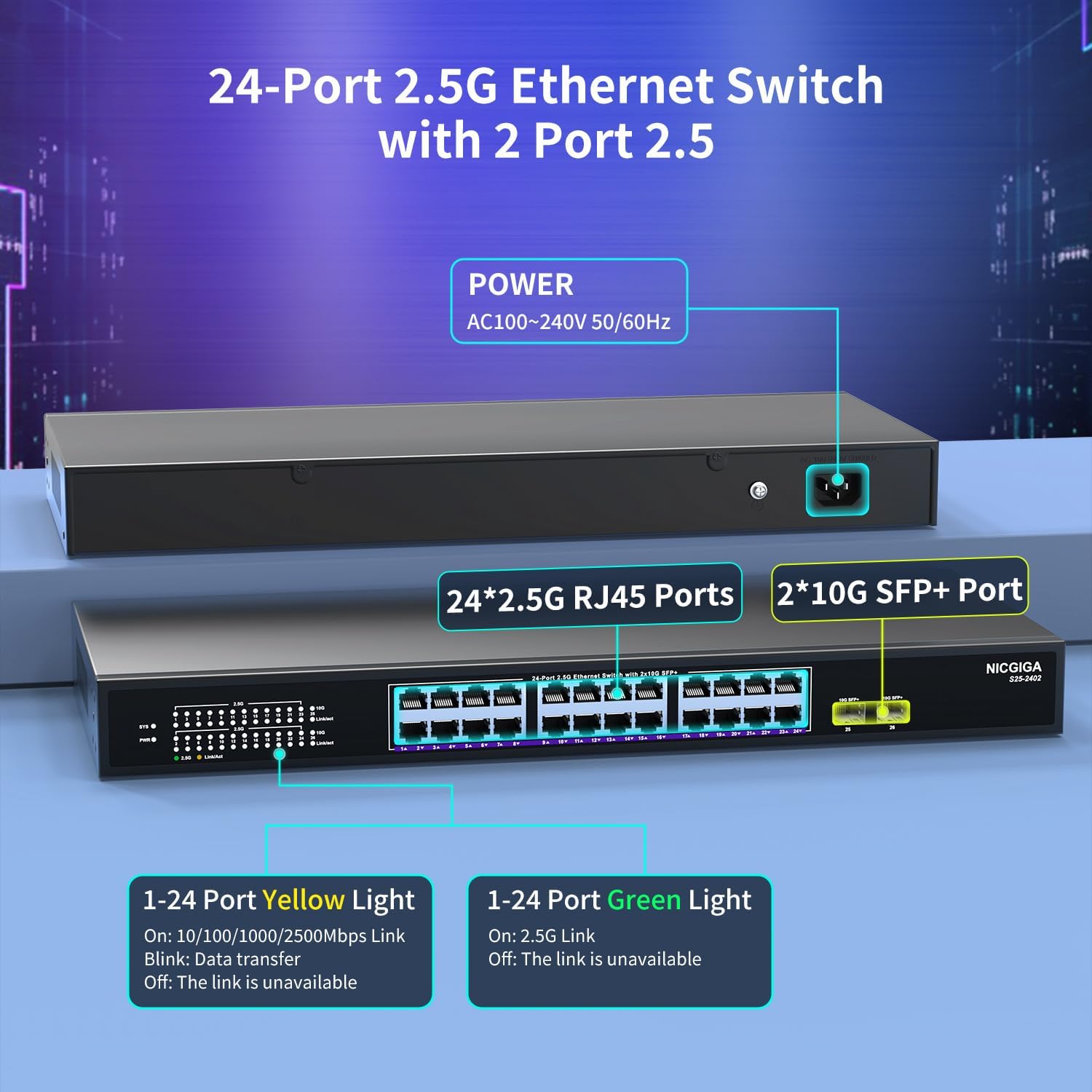 16 ports 2,5 G ➕ commutateur Ethernet SFP+ 2 ports 10 G, commutateur réseau NICGIGA 18 ports 2,5 Gb non géré, Plug & Play, montage sur bureau ou rack 19 pouces, conception métallique sans ventilateur.
