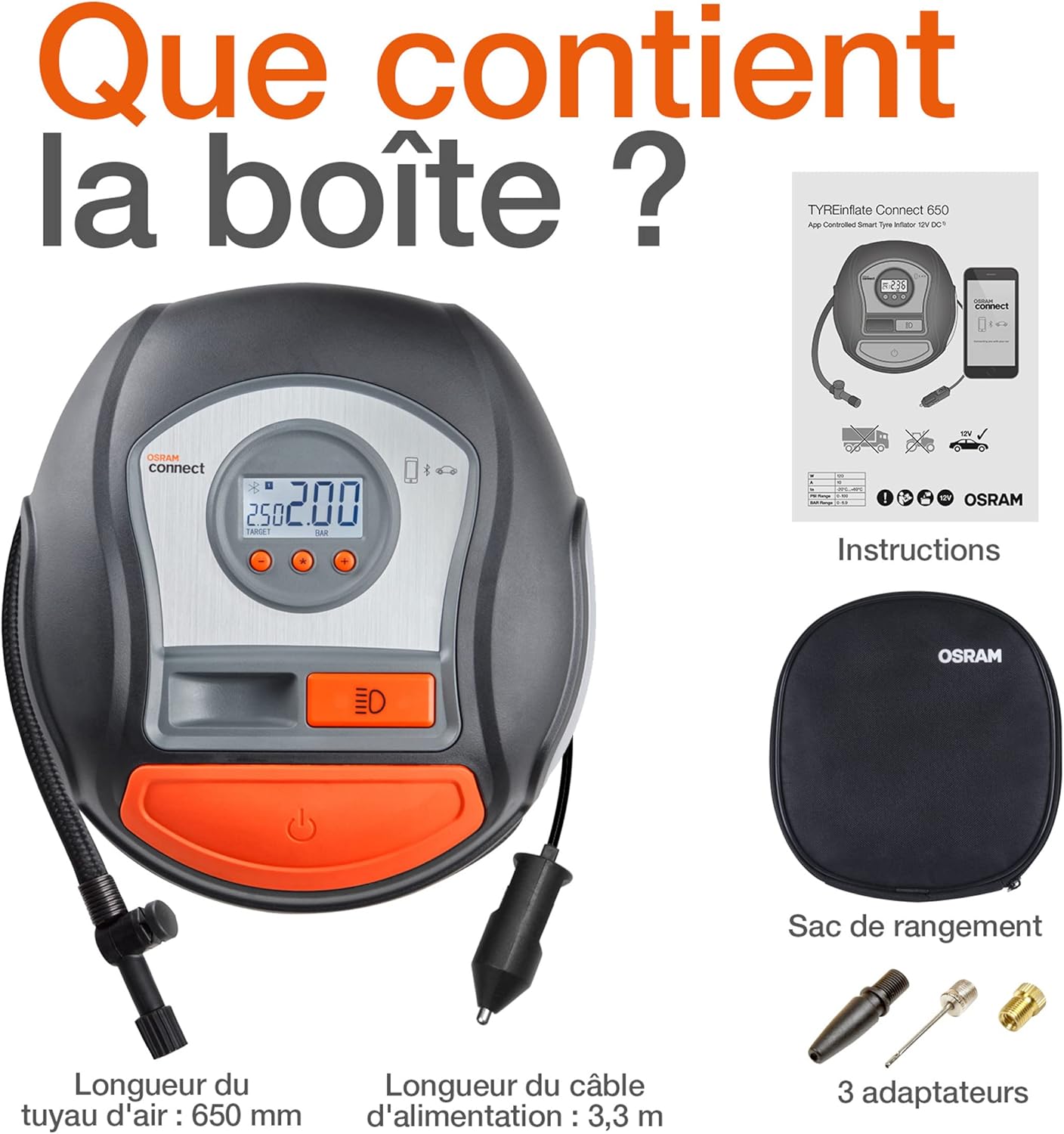 OSRAM TYREinflate Connect 650, compresseur de pneu numérique avec arrêt automatique et lumière LED, compresseur portable 12V pour pneus de voiture, connexion électrique via allume-cigare