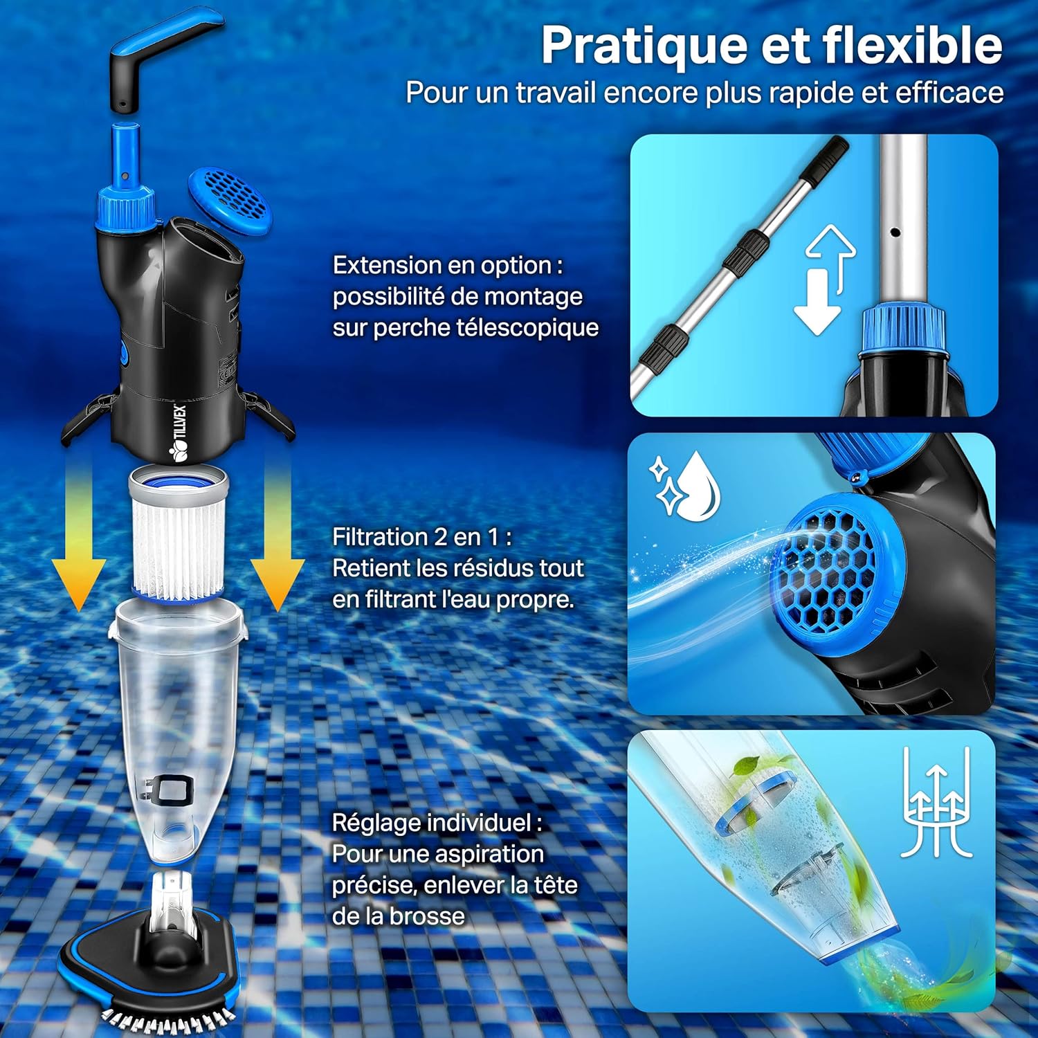 tillvex Aspirateur Électrique pour Piscines | Nettoyeur de Piscine sans Fil avec Manche Télescopique | Kit de Nettoyage avec Filtre & 2 Vitesses | Rechargeable