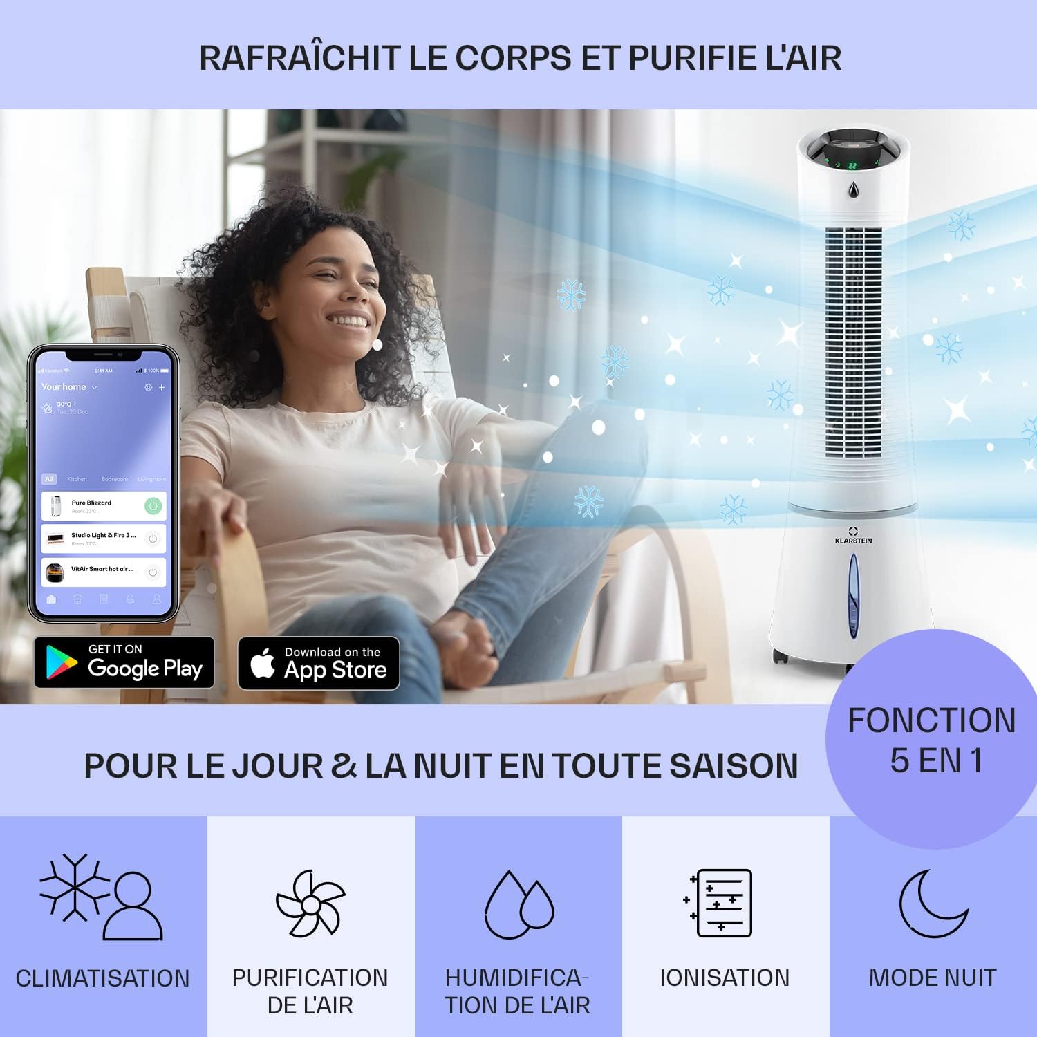 Klarstein Rafraichisseur d'Air Mobile 5 en 1, par Evaporation avec Humidificateur, Ventilateur, Ioniseur, Climatiseur Mobile Sans Évacuation, Mode Nuit, 45W, Débit d'Air de 180m³/h