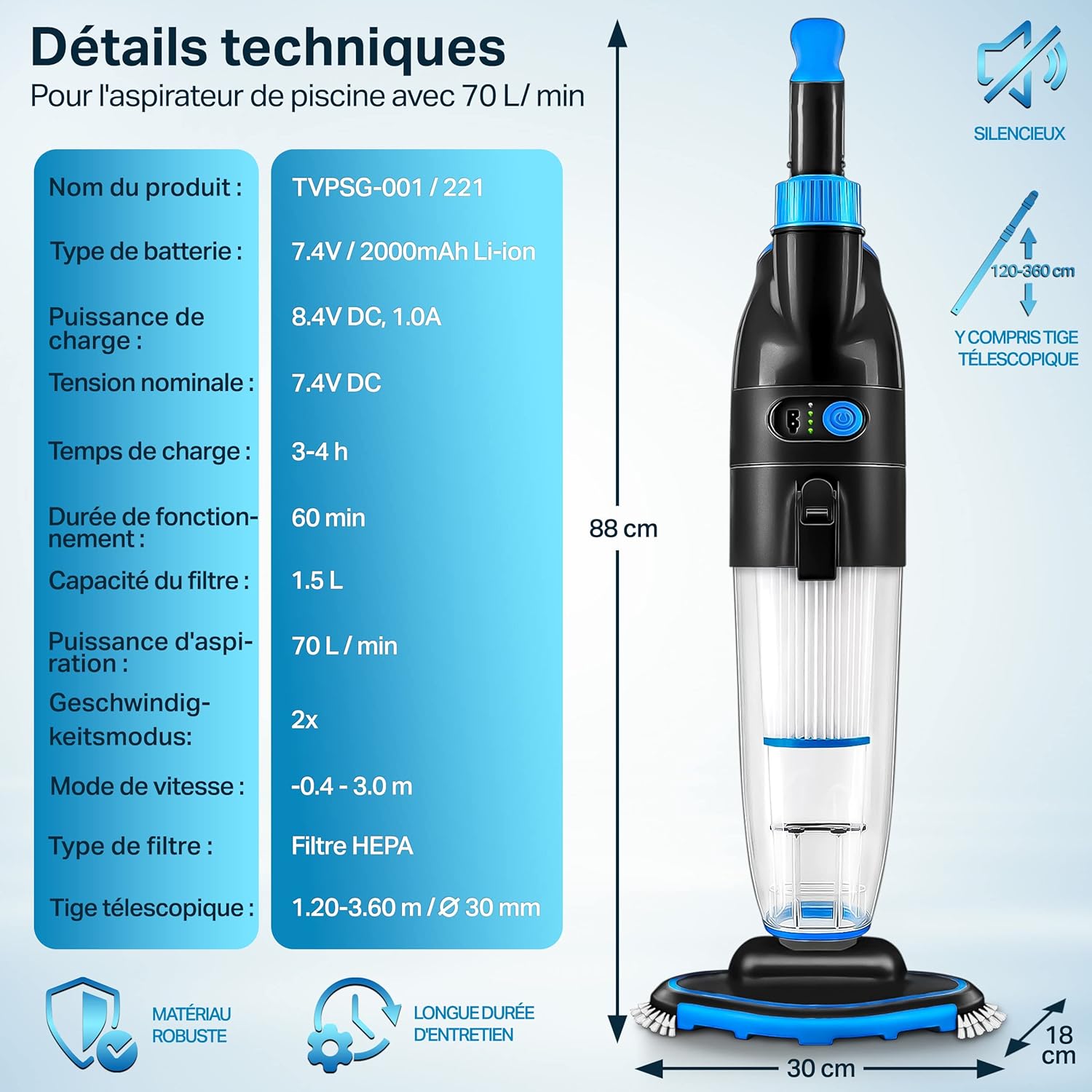 tillvex Aspirateur Électrique pour Piscines | Nettoyeur de Piscine sans Fil avec Manche Télescopique | Kit de Nettoyage avec Filtre & 2 Vitesses | Rechargeable