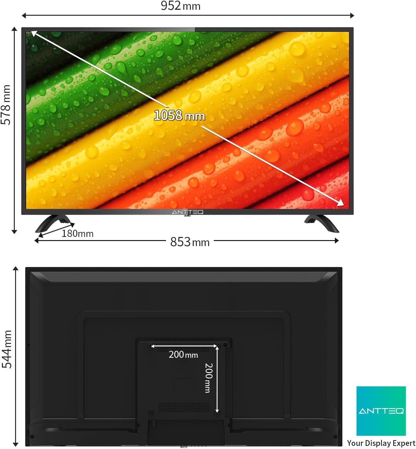 Antteq AB42D1 télévision 42 Pouces (TV 107 cm), Dolby Audio, LED, Triple Tuner DVB-C / T2 / S2, CI+, HDMI, Lecteur multimédia Via USB, Sortie Audio numérique, y Compris Mode hôtel