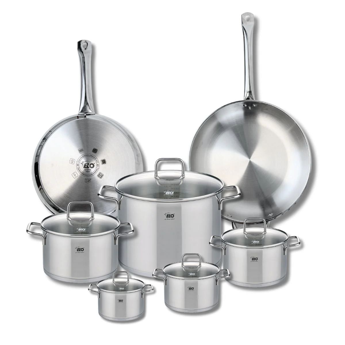 Ensemble de 2 Poêles de cuisson 28 et 32 cm et 5 faitouts 12, 14, 16, 20 et 26 cm Elo Profi Citrin Elo