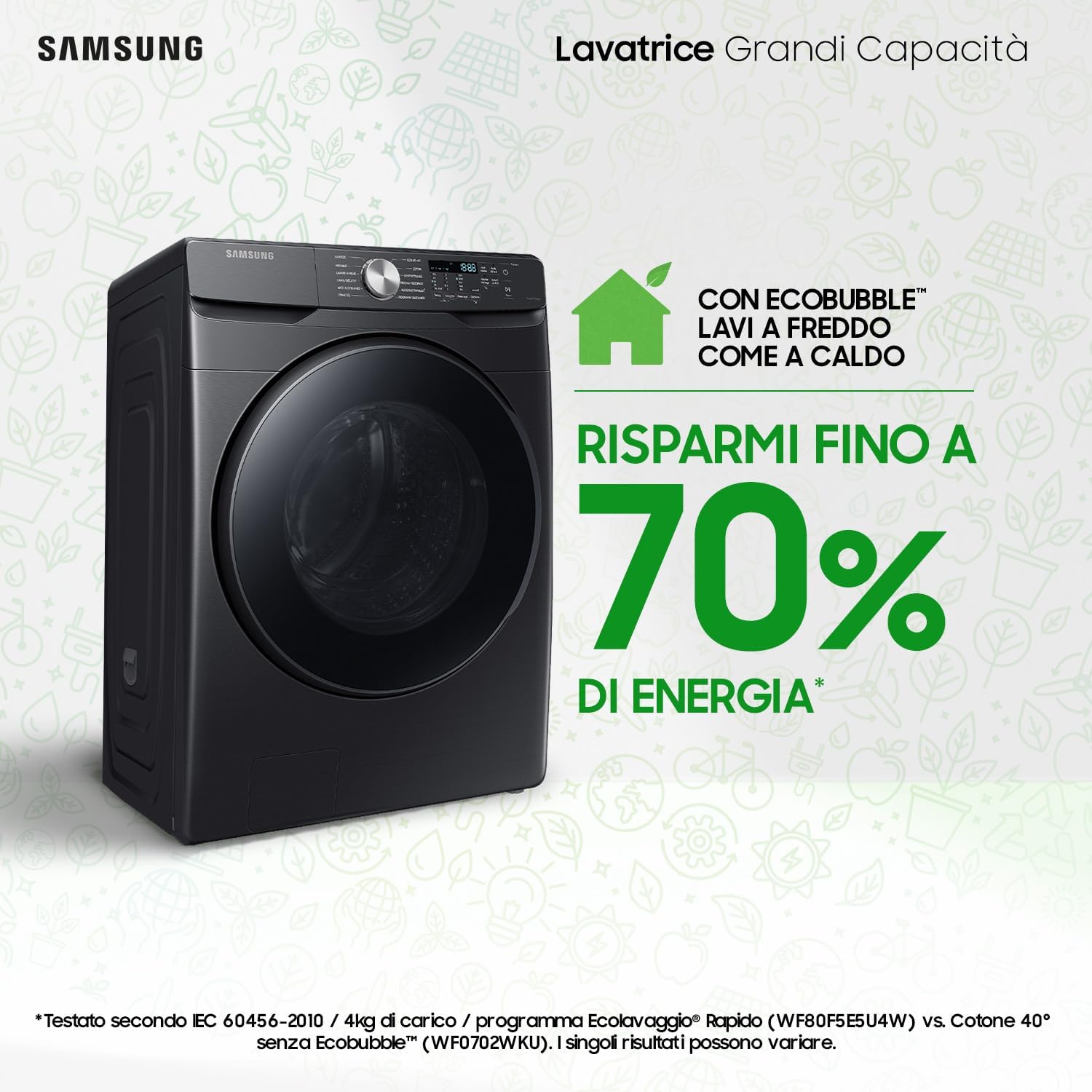 Samsung Grande capacité Machine à laver WF18T8000GV/ET Installation libre, 18 kg, 1100 tr/min, classe C, Wifi, Vapeur, Charge avant, 69 l x 98 h x 80p cm