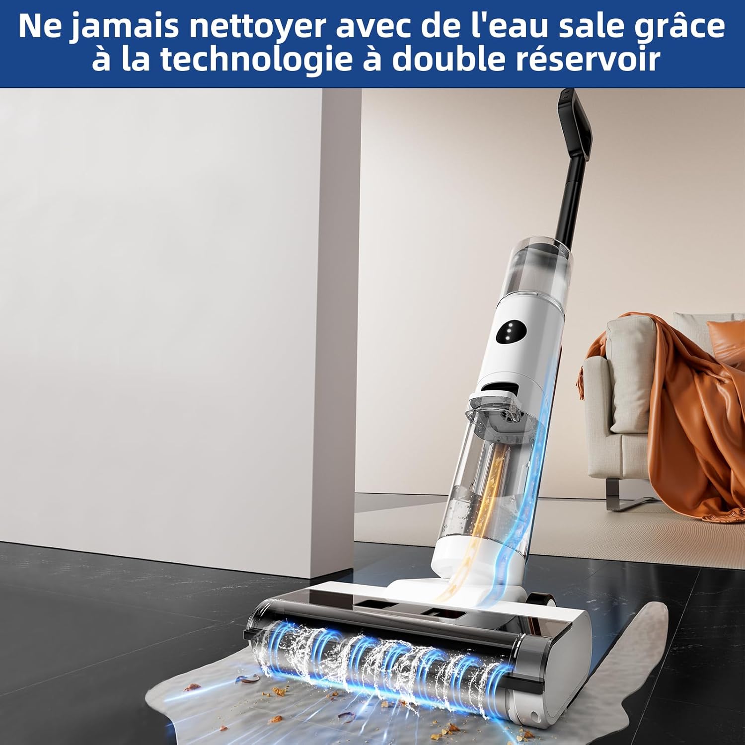JONR ED12 Aspirateur Eau et Poussière, Aspirateur et Balai à Franges sans Fil 4 en 1, Brosse Rouleau de Nettoyage des Bords, Fonction d’Auto-Nettoyage, pour Sols Durs, Poils d'animaux