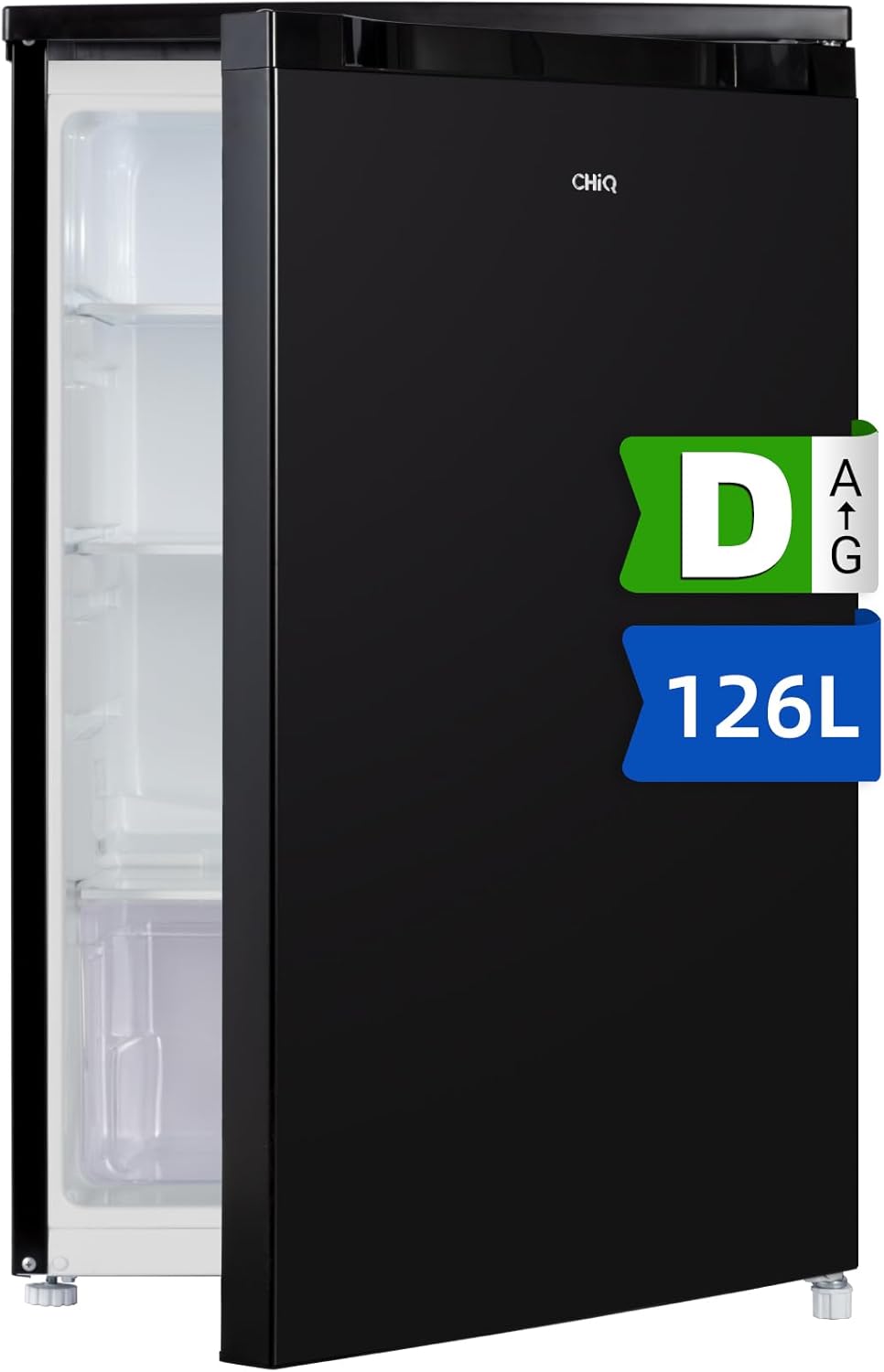 CHIQ Réfrigérateur vertical à une porte,126 L, encombremen 0,31 ㎡, Porte réversible, Tiroir à légumes, Étagères coulissantes, Faible niveau sonore 39 dB, Éclairage à DEL, Noir CSF120BE