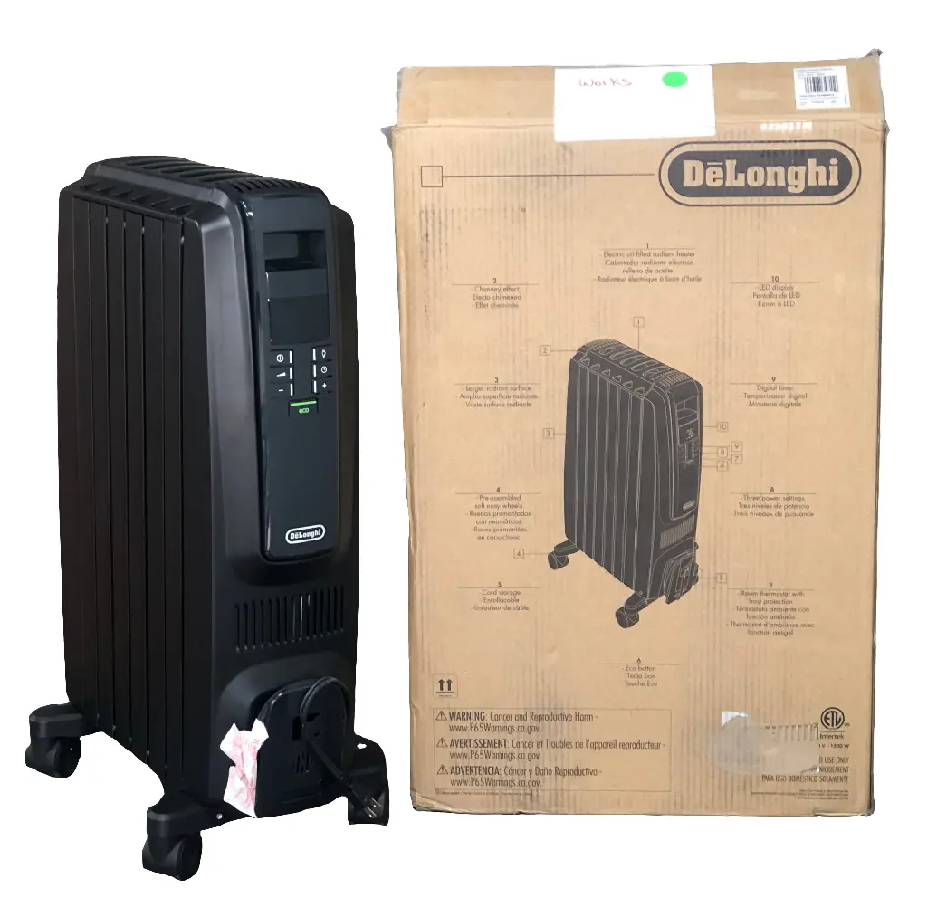 De'Longhi Oil-Filled Radiator Space Heater, Quiet 1500W, Adjustable Thermostat, 3 Heat Settings, Timer, Energy Saving, Safety Features, White, Dragon TRD40615EBKCA, Black