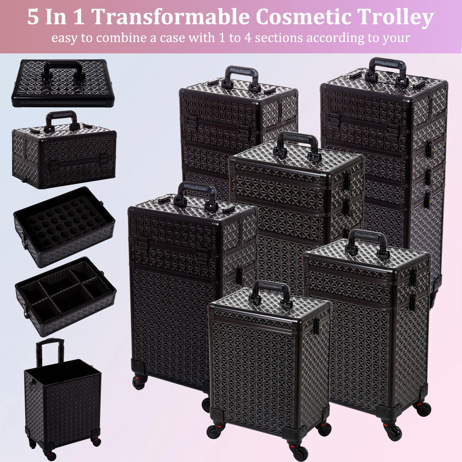AROUS 5 in 1 Professional Makeup Train Case with 360° Swivel Wheels