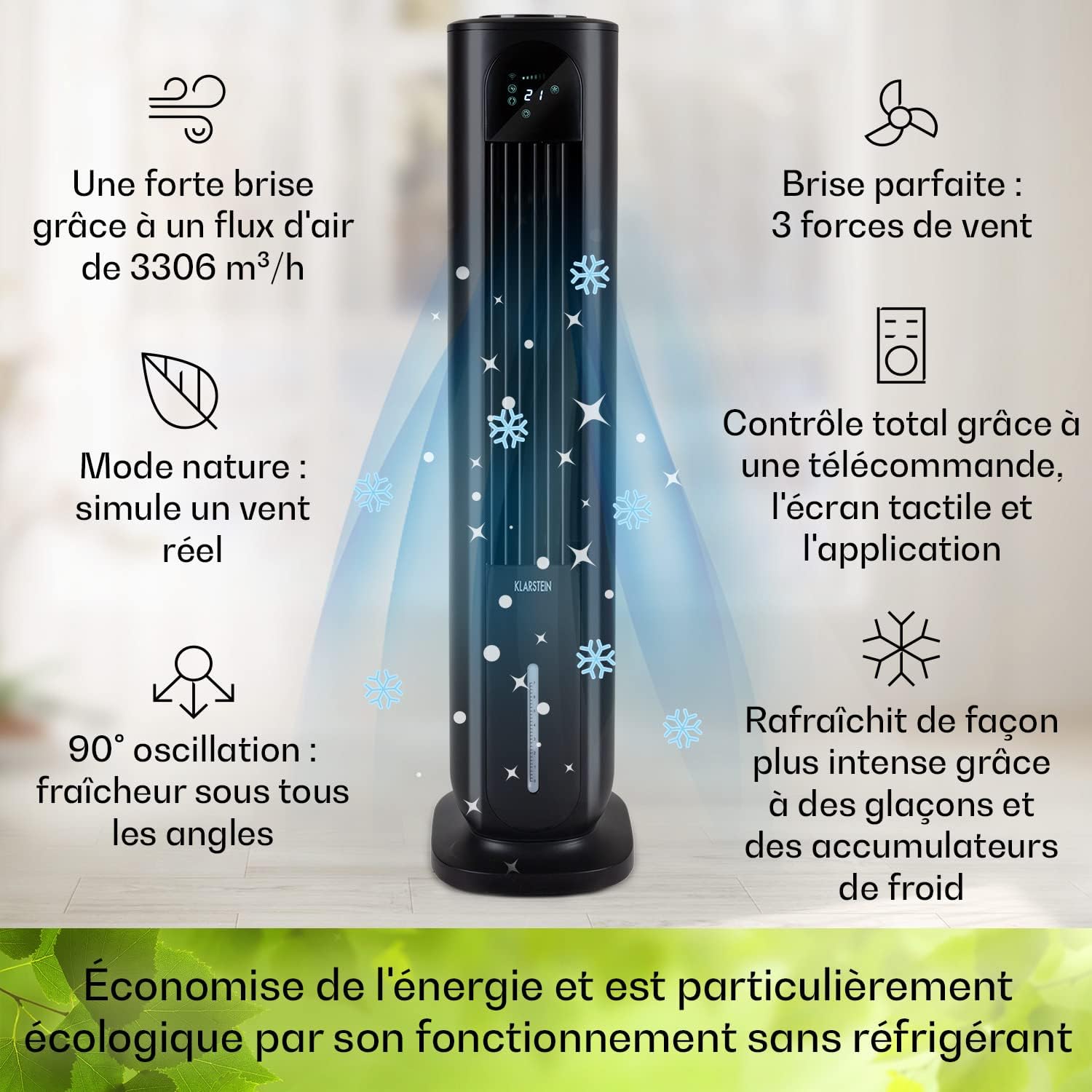 Klarstein Rafraichisseur d'Air Mobile 5 en 1, Refroidisseur d'Air par Evaporation avec Humidificateur, Ventilateur, Ioniseur, Climatiseur Mobile Sans Évacuation, Mode Nuit, 85W, Débit d'Air 3306m³/h