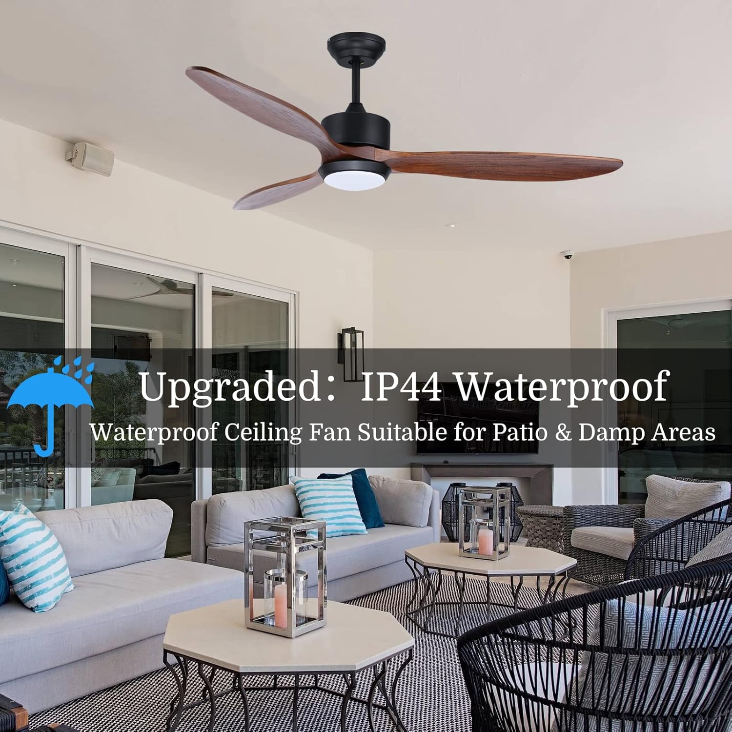 Ovlaim 132cm intérieur extérieur 3 pales hélice Smart ventilateur de plafond, Ventilateur de plafond en bois massif à moteur DC silencieux avect