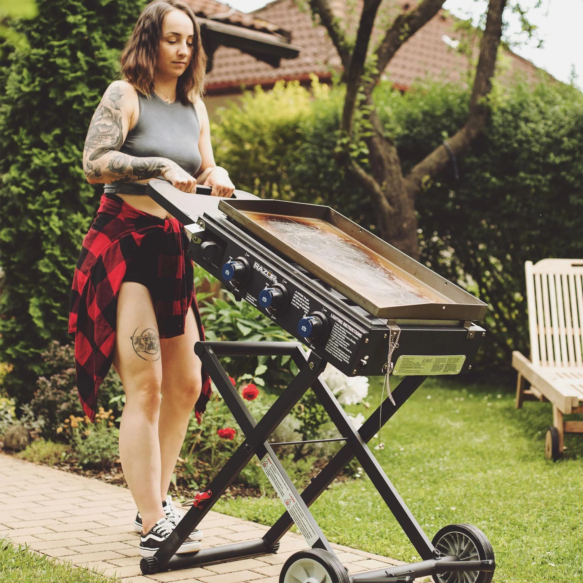 Razor Griddle Gas Grill & Griddle for Backyard Cooking and Camping, Portable Grill with Cart & Side Shelf