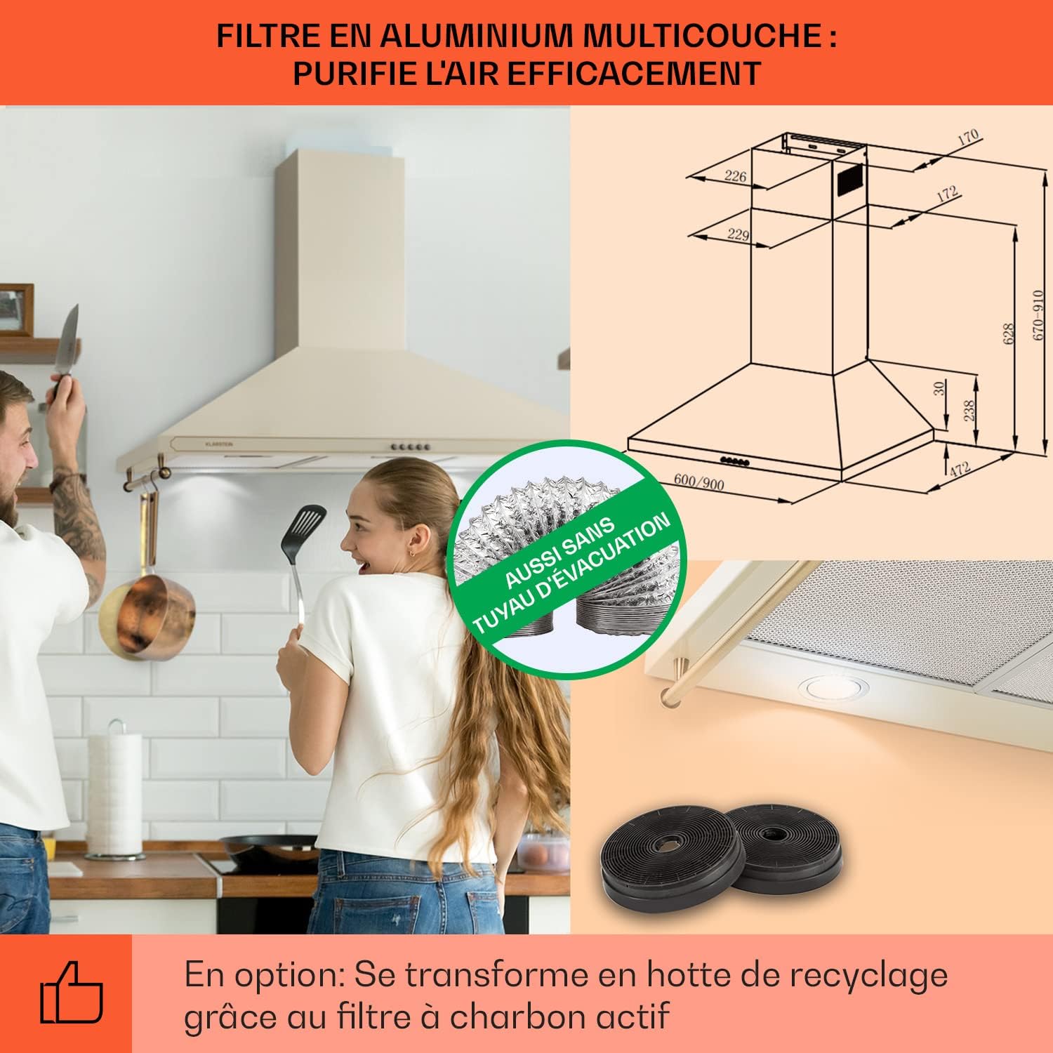 Klarstein Hotte Aspirante 90 cm, Hottes de Cuisine avec Filtre de Hotte en Aluminium, Débit d'Air Puissant de 645m³/h, Eclairage LED, Extracteur d'Air Silencieux, Hotte Efficace avec Evacuation