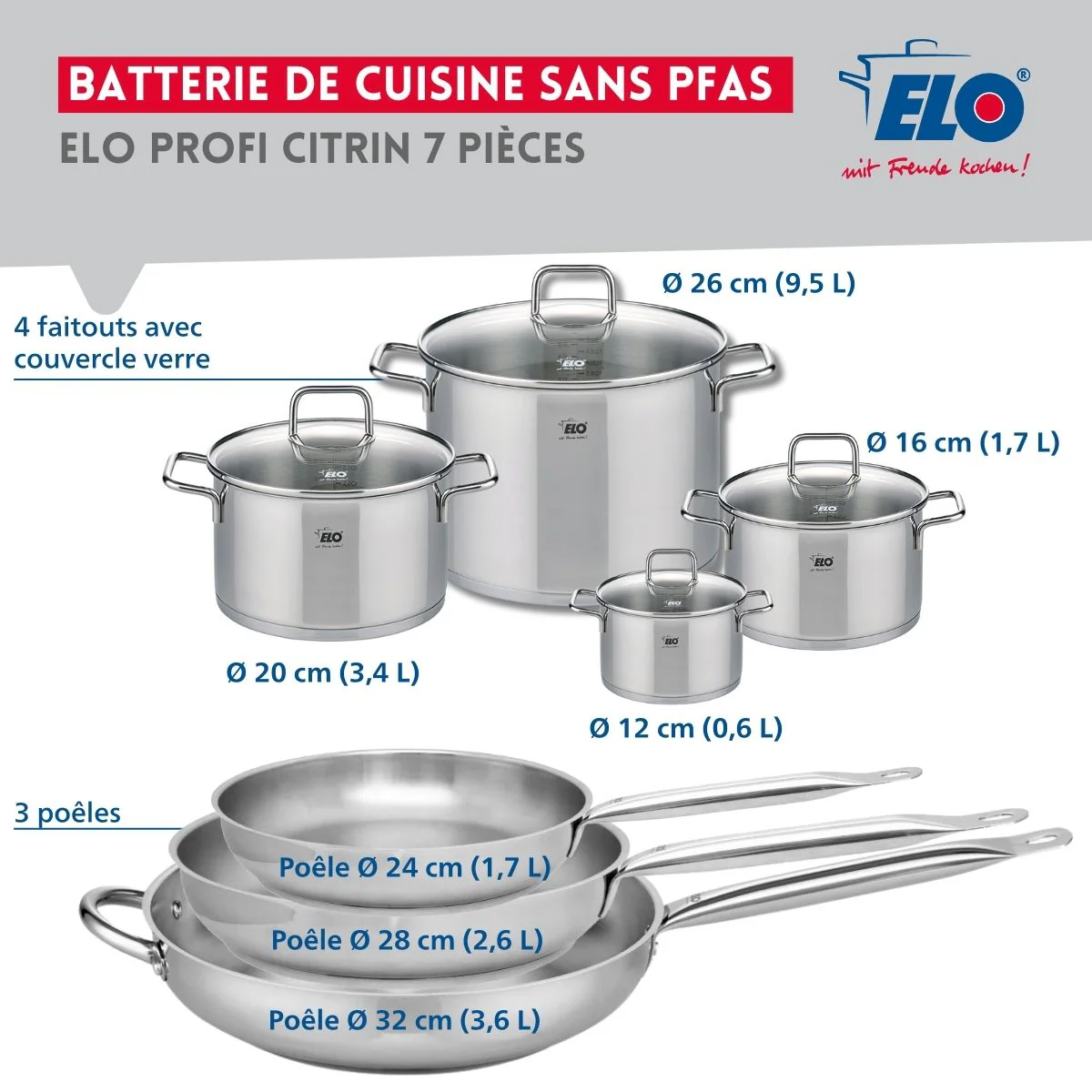 Ensemble de 3 Poêles de cuisson 24, 28 et 32 cm et 4 faitouts 12, 16, 20 et 26 cm Elo Profi Citrin Elo