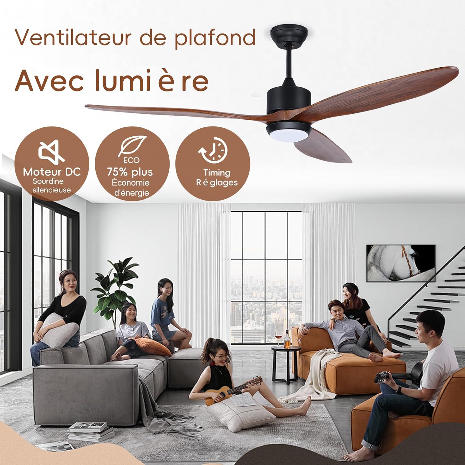 Ovlaim 132cm intérieur extérieur 3 pales hélice Smart ventilateur de plafond, Ventilateur de plafond en bois massif à moteur DC silencieux avect