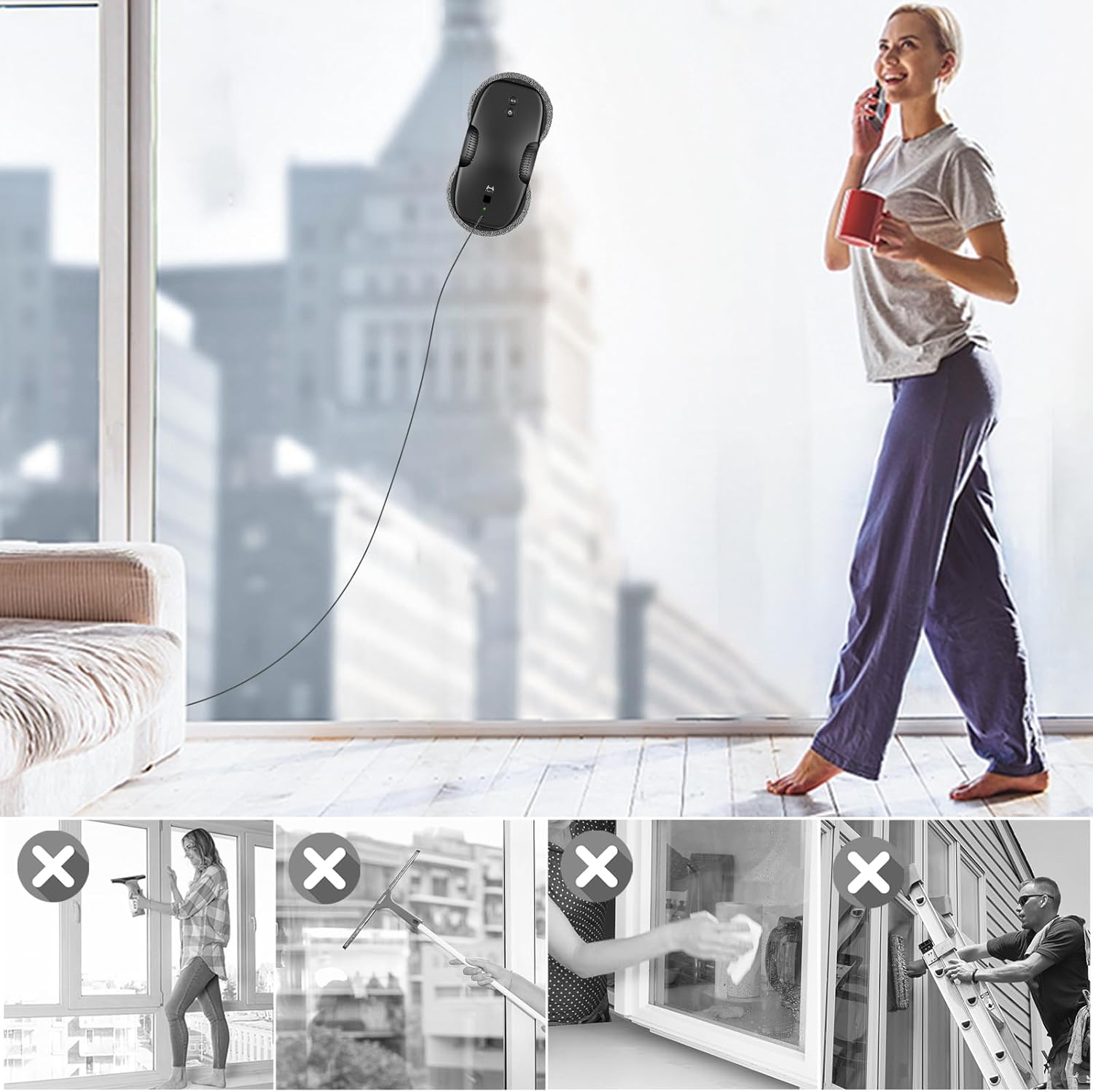 HUTT DDC55 Robot Nettoyeur Vitre, Robot Laveur de Vitre Automatique, Système de Sécurité, Navigation Intelligente, Télécommandé, pour Toutes Les Surfaces Lisses, avec 12 Chiffons